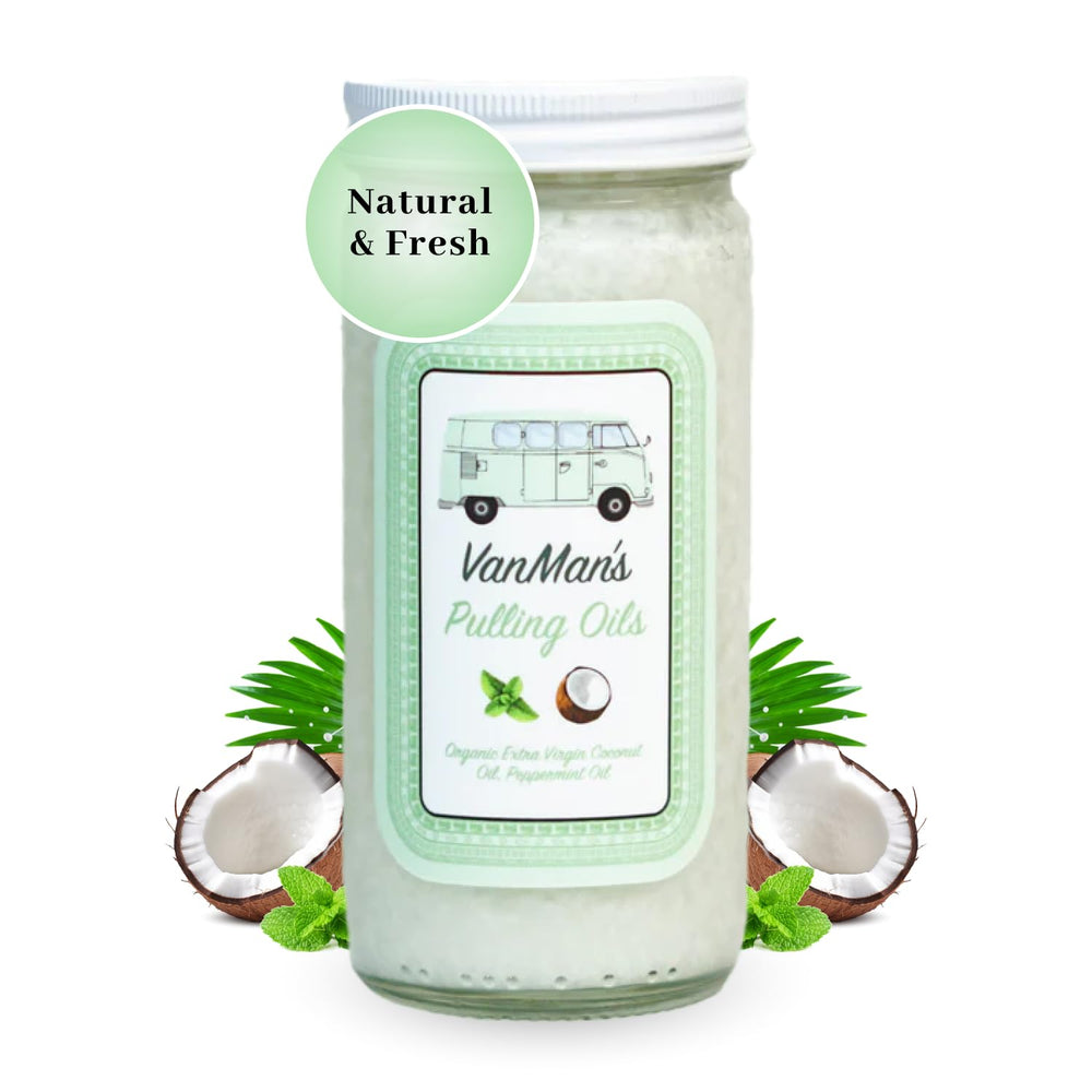 Vanman's oil pulling oil for teeth and gums with organic coconut oil and peppermint.