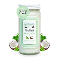 Vanman's oil pulling oil for teeth and gums with organic coconut oil and peppermint.