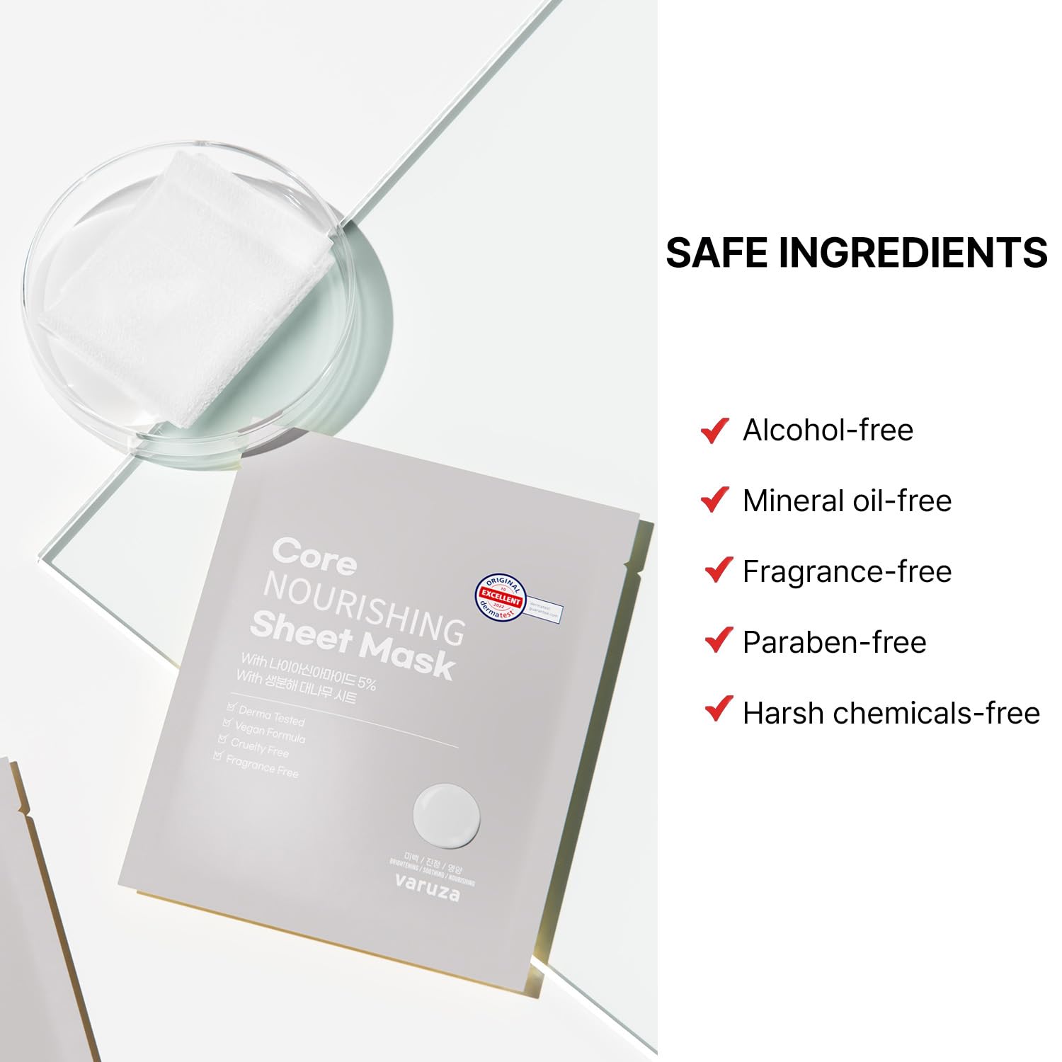 Fragrance-free and cruelty-free label on Varuza Core Nourishing Sheet Mask for sensitive skin