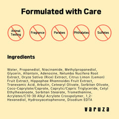 Vegan and dermatologist-tested Varuza sheet mask branding and certification visible