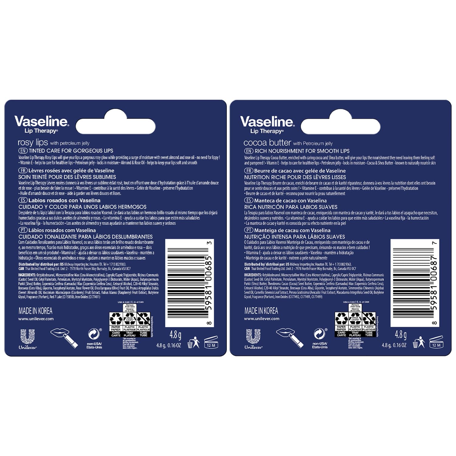 Vaseline Lip Therapy Cocoa Butter balm on display for smooth, hydrated lips.