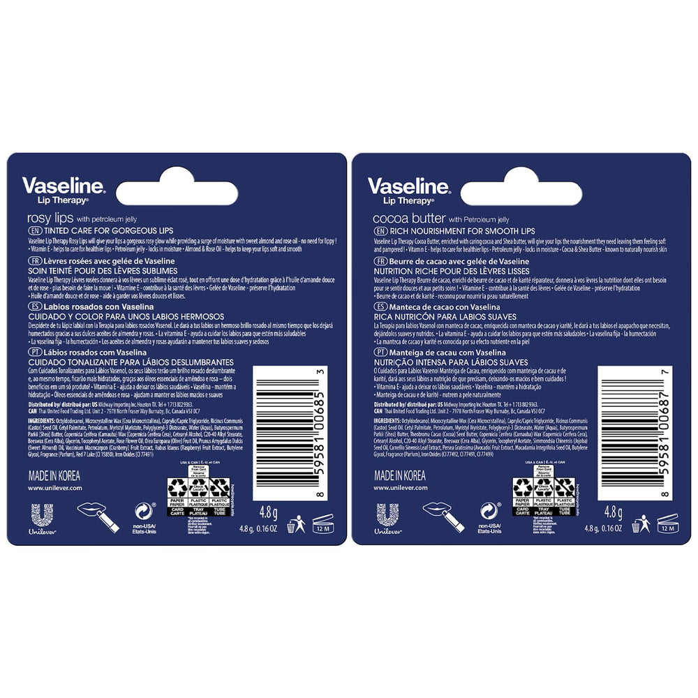 Vaseline Lip Therapy Cocoa Butter balm on display for smooth, hydrated lips.