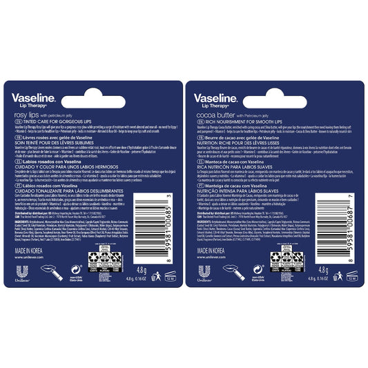 Vaseline Lip Therapy Cocoa Butter balm on display for smooth, hydrated lips.
