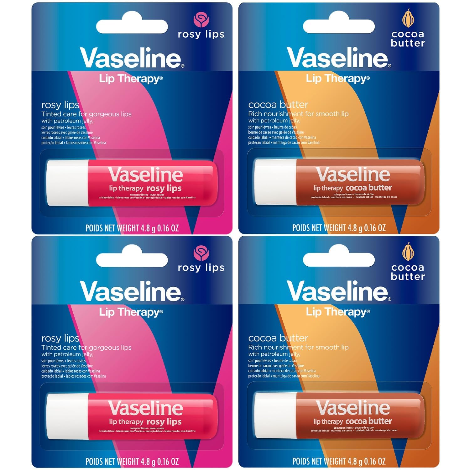 Vaseline Lip Therapy Variety 4-Pack with Cocoa Butter for daily moisture and protection.