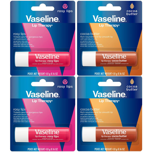 Vaseline Lip Therapy Variety 4-Pack with Cocoa Butter for daily moisture and protection.