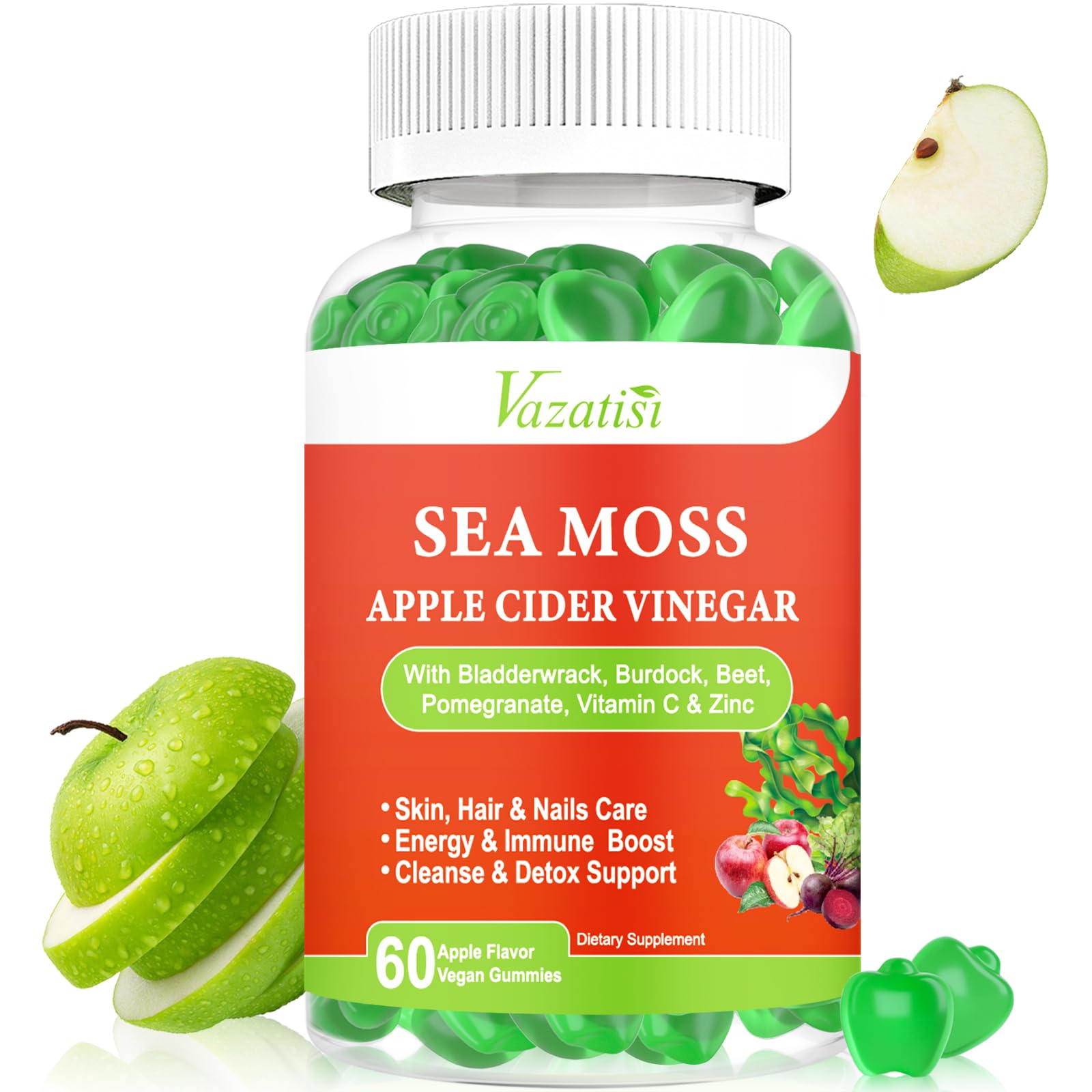Vazatisi Apple Cider Vinegar Gummies with Sea Moss bottle and gummies