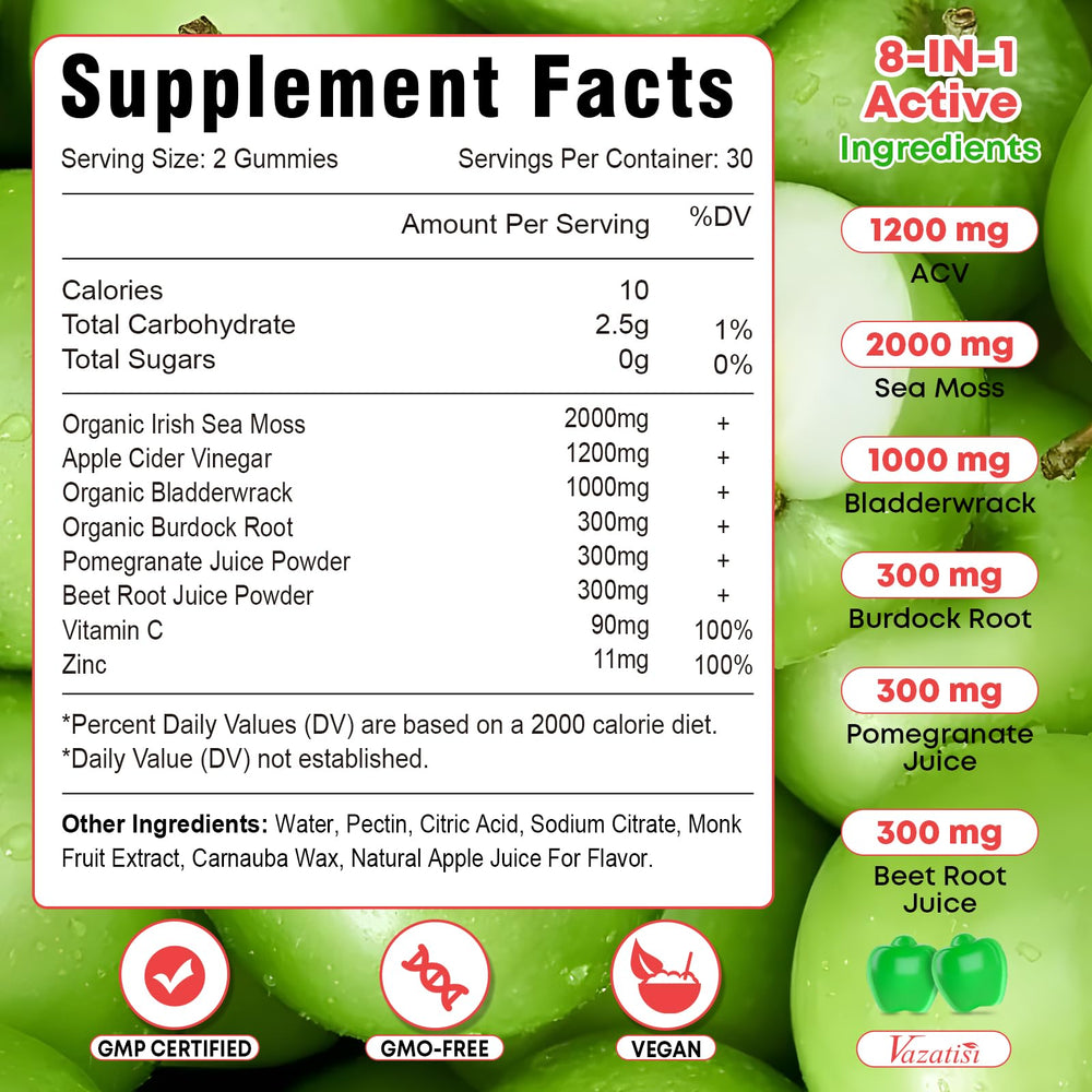 Pack shot of Vazatisi Apple Cider Vinegar Gummies with Sea Moss - 60 count