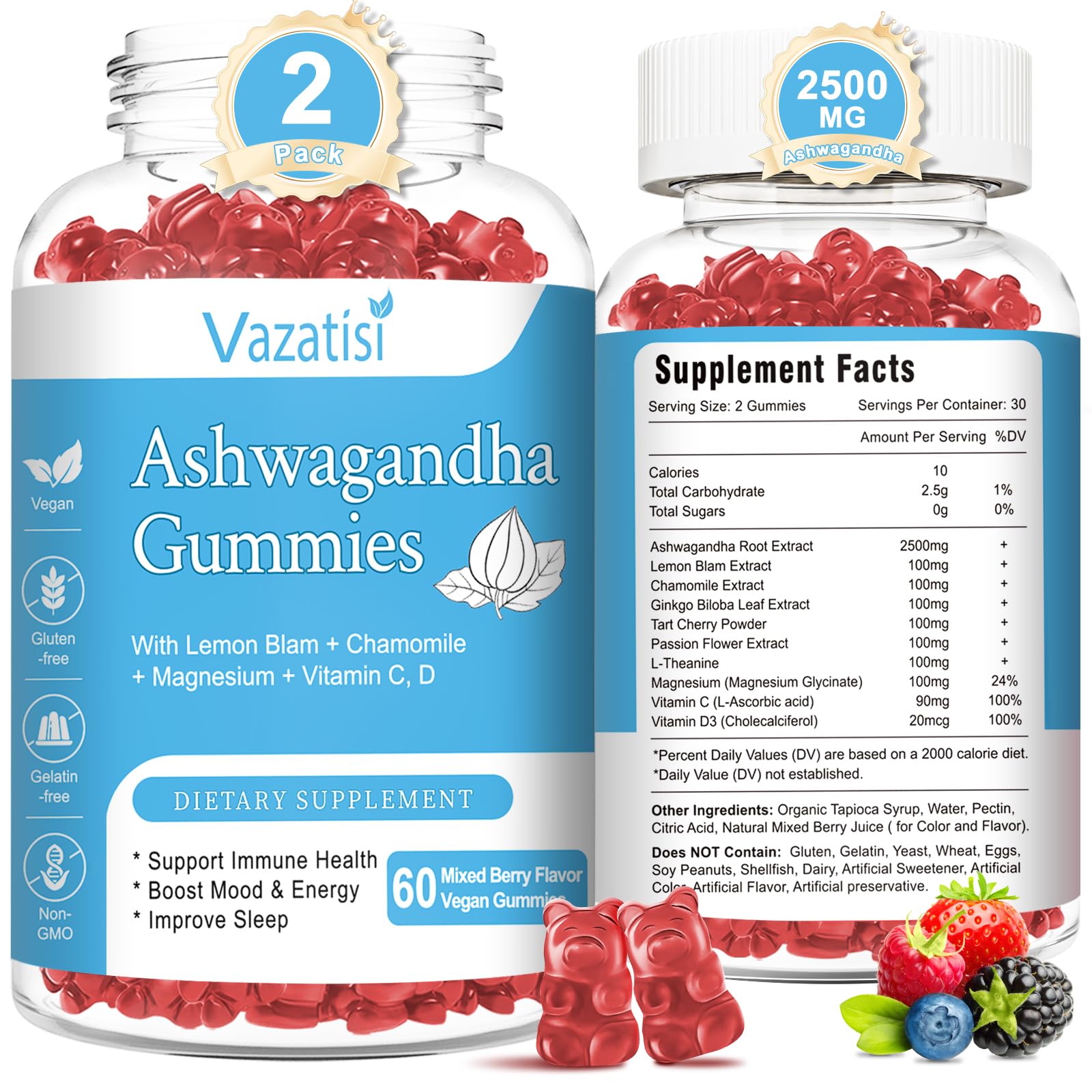 Vazatisi 2 Pack Ashwagandha Gummies bottle with label