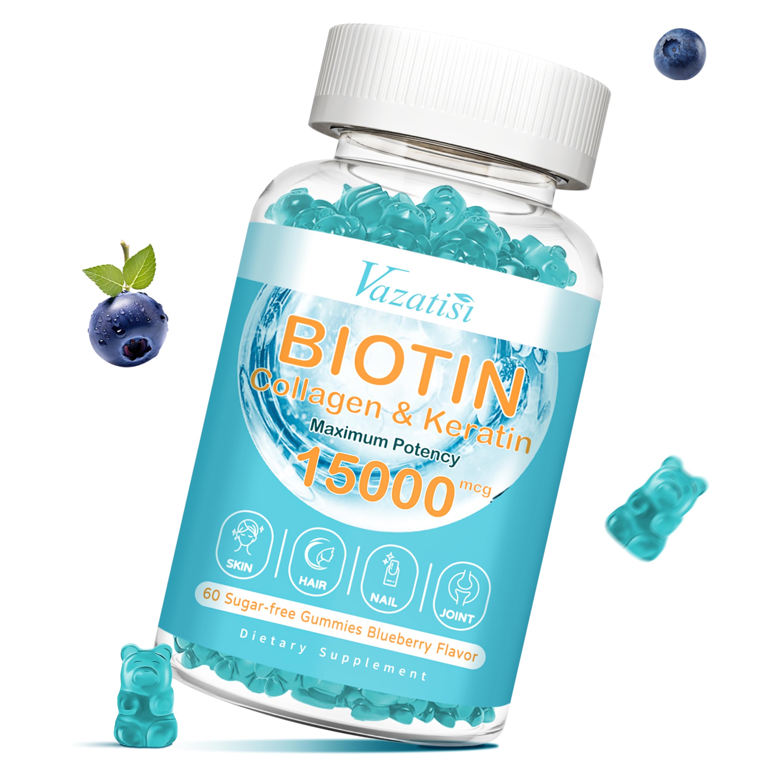 Front bottle of Vazatisi Biotin & Collagen Gummies with B12 in Blueberry flavor