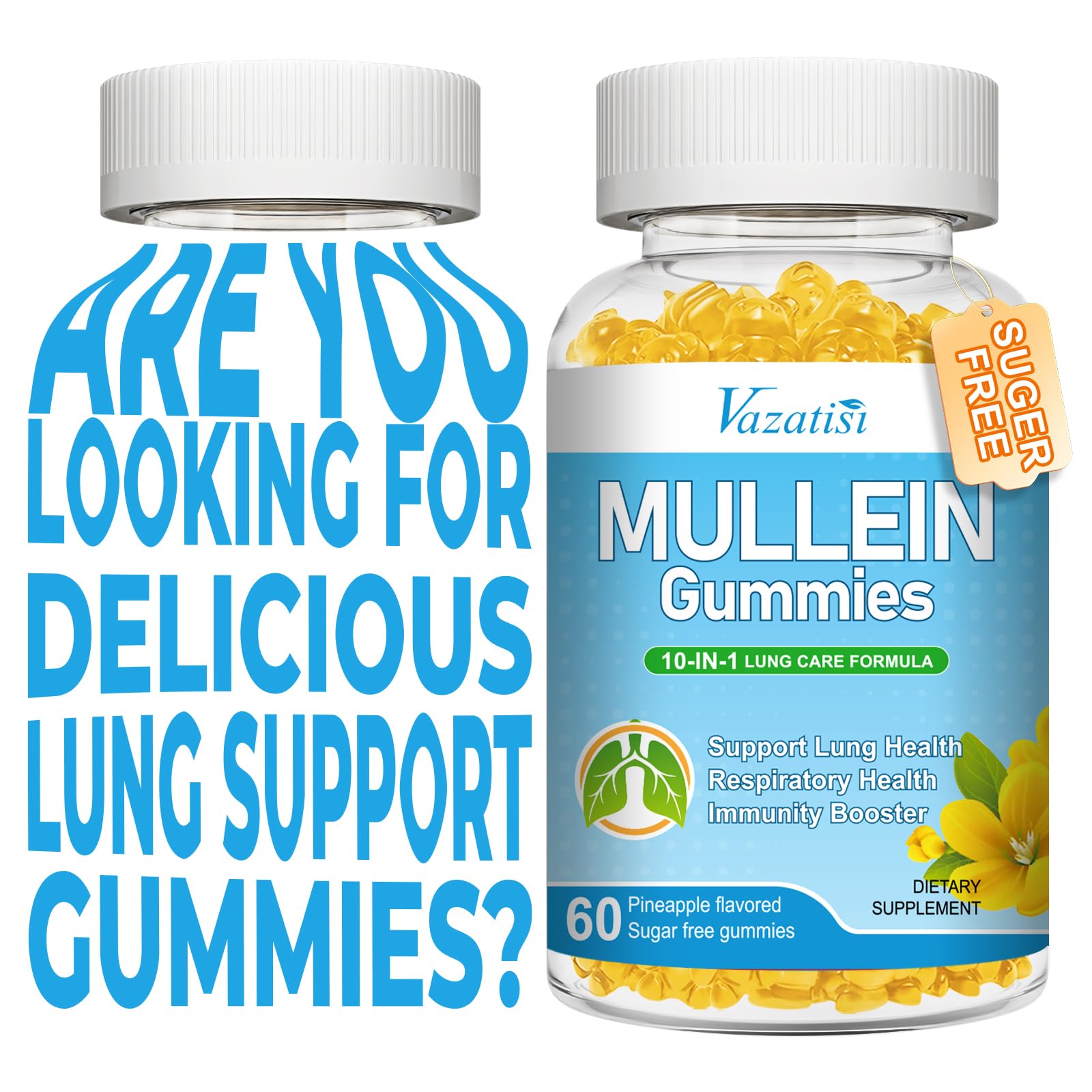 Front view of Vazatisi Mullein Gummies bottle with pineapple flavor label