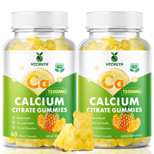 Bottle and gummies of VCCHUYH Calcium Citrate Gummies with pineapple flavor