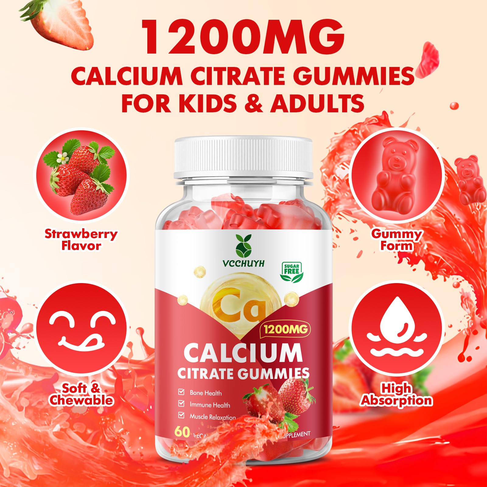 Vegan, gluten-free calcium gummies 1200mg for bone health
