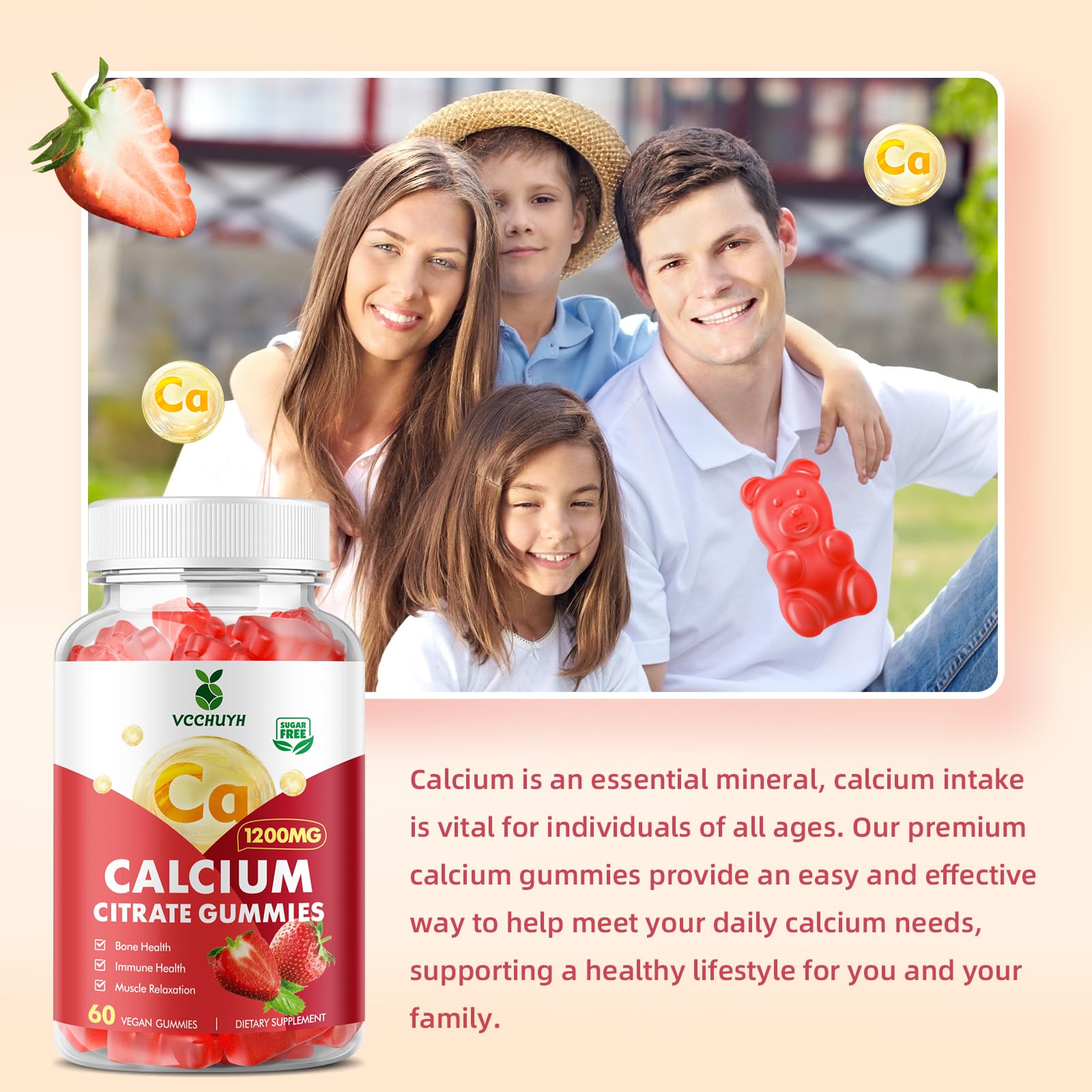 Close-up of strawberry-flavored calcium citrate gummies