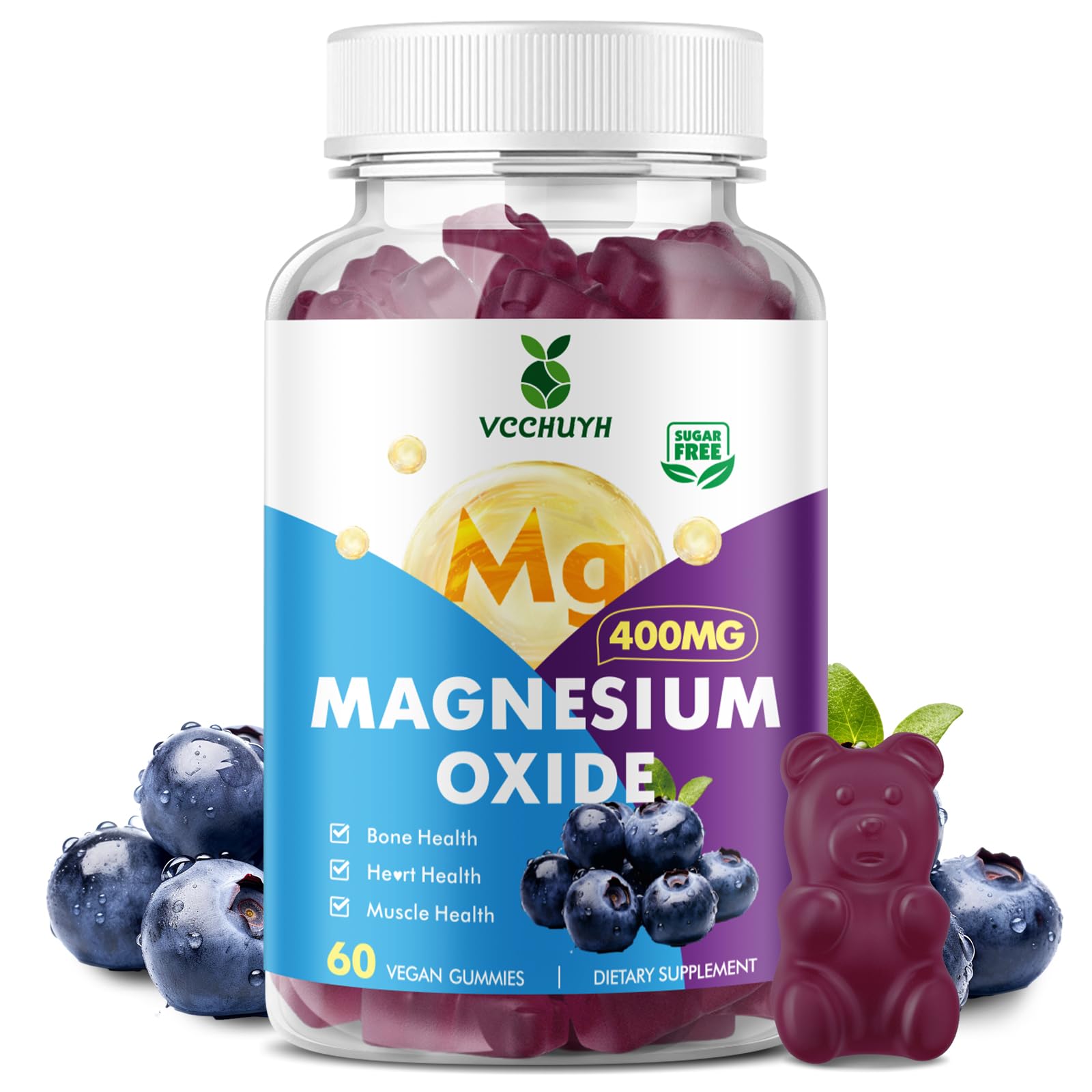 Nutrition facts and blueberry flavor of VCCHUYH Magnesium Oxide Gummies