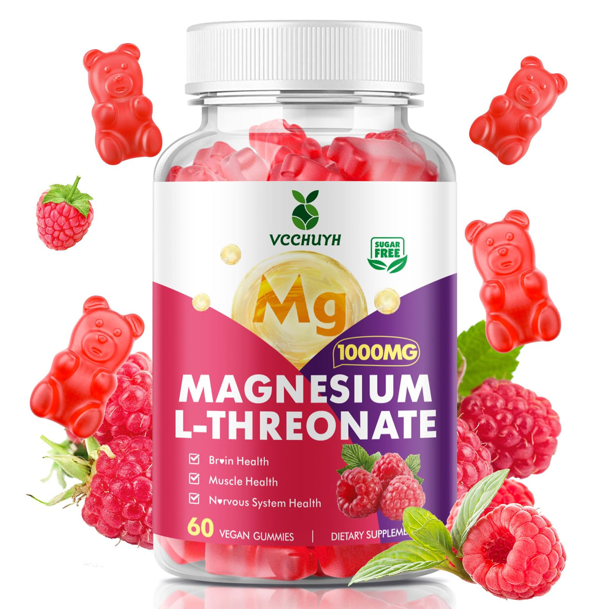 Bottle of VCCHUYH Magnesium Threonate Gummies Raspberry flavor 60 count