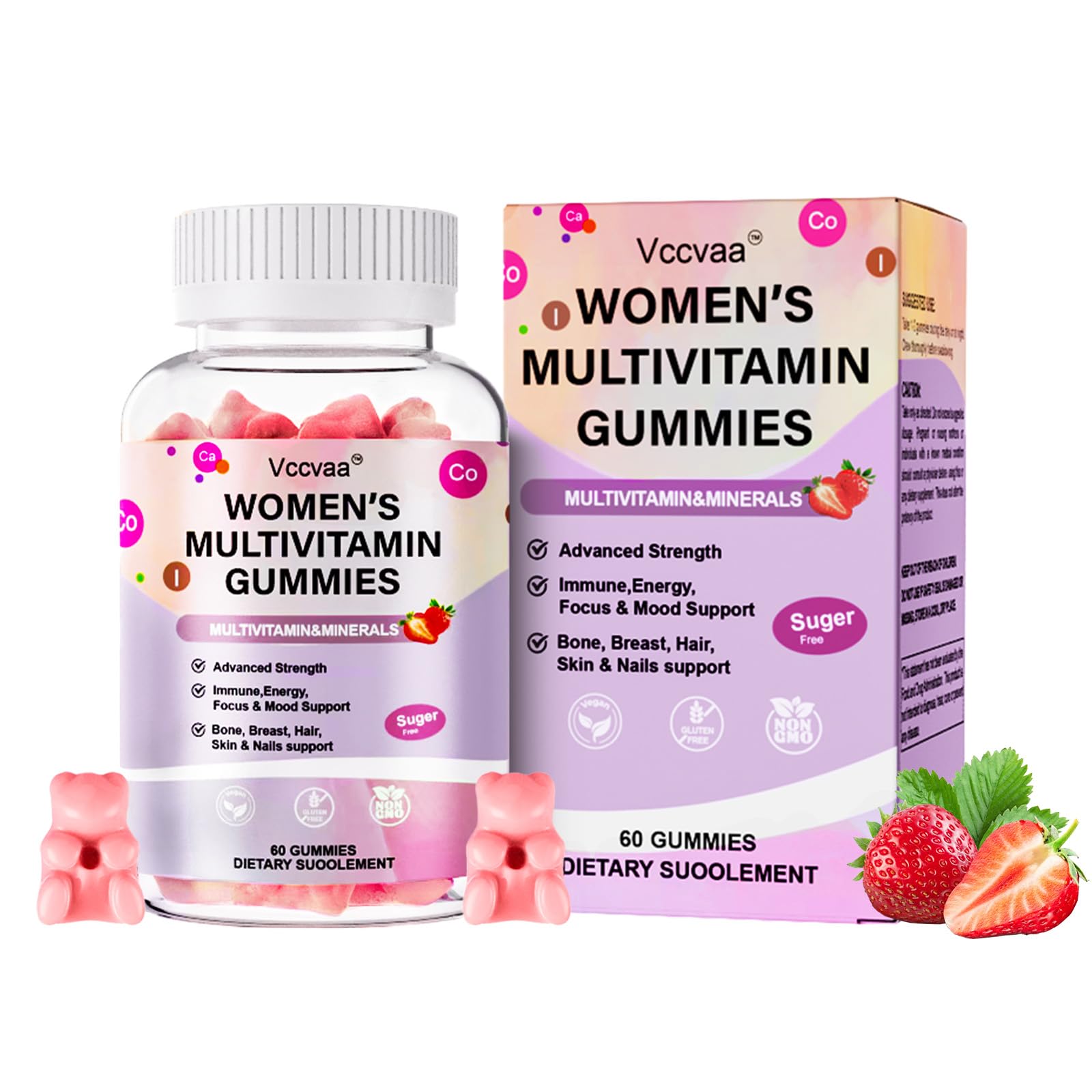 Product bottle of Vccvaa sugar free multivitamin gummies for women 14+