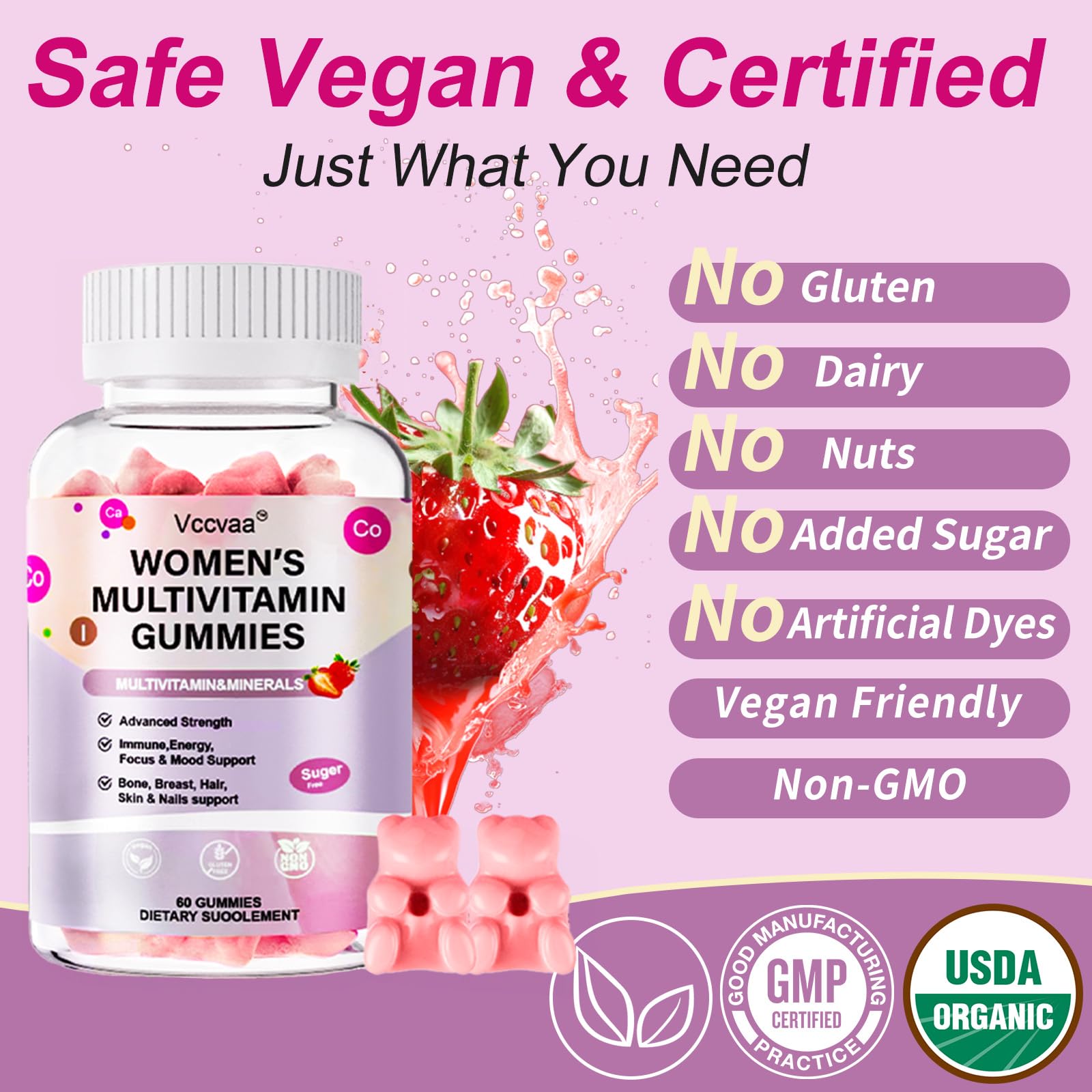 Gummy bottle label highlighting vegan sugar-free 60-count