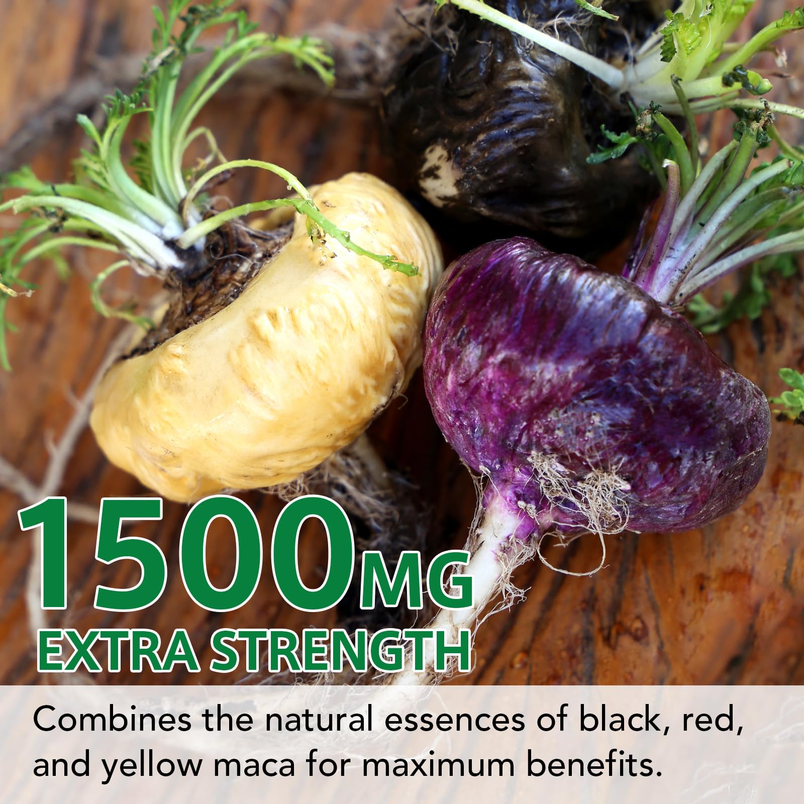 Close-up of Maca root blend showing black, red and yellow maca