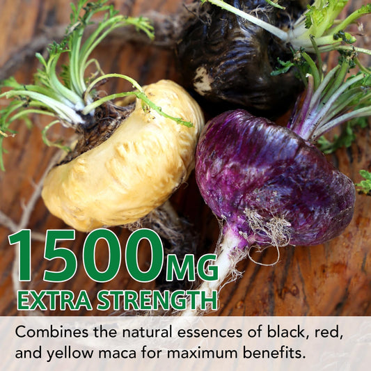 Close-up of Maca root blend showing black, red and yellow maca