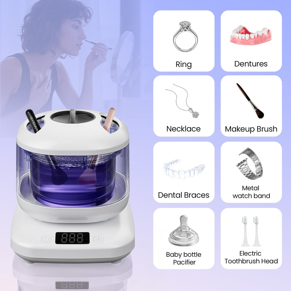 Retainers and dentures being cleaned ultrasonically