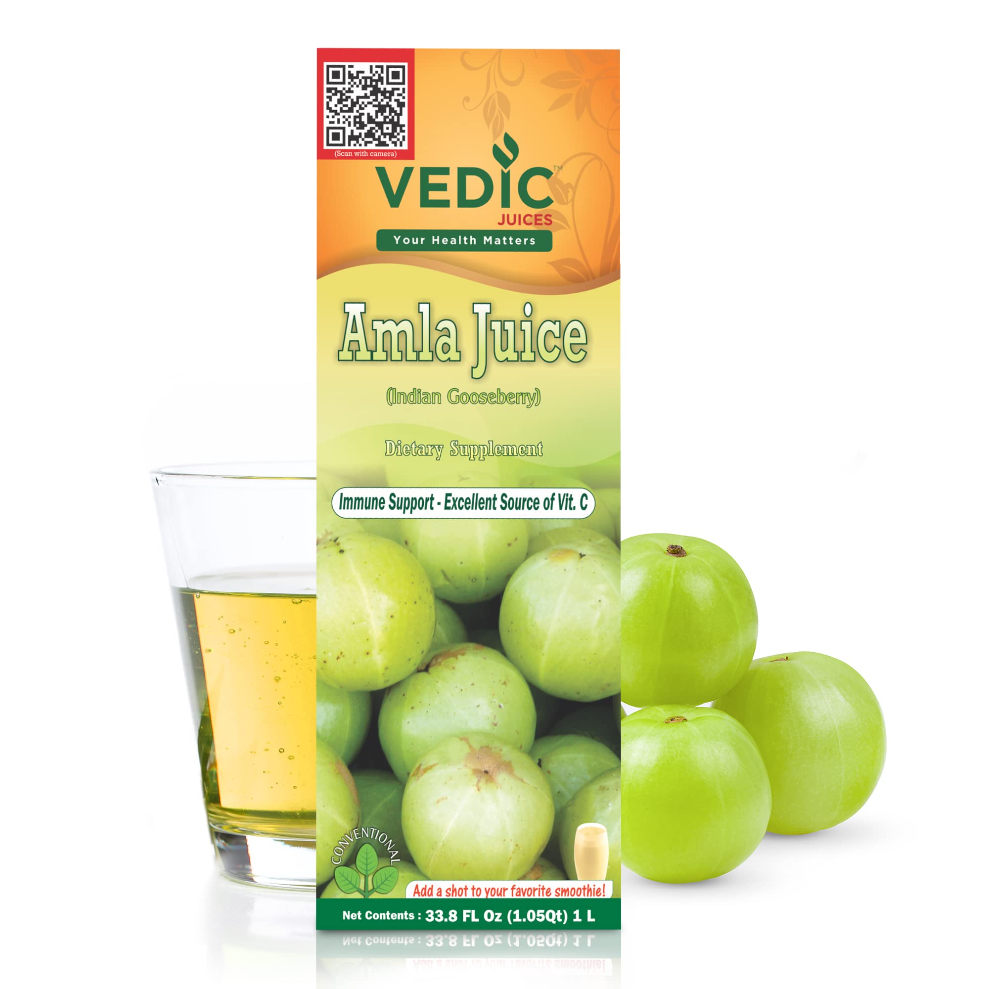 Front view of Vedic Juices Amla Juice 1L bottle