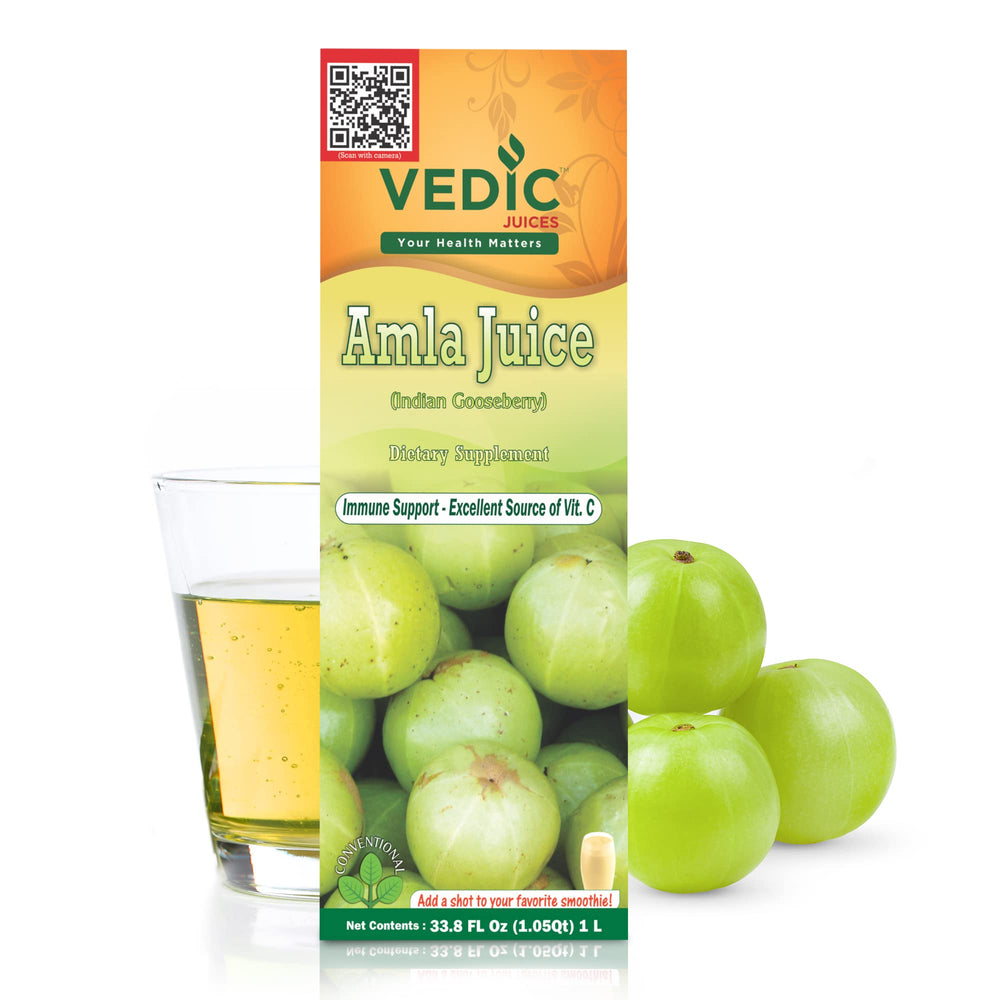 Front view of Vedic Juices Amla Juice 1L bottle