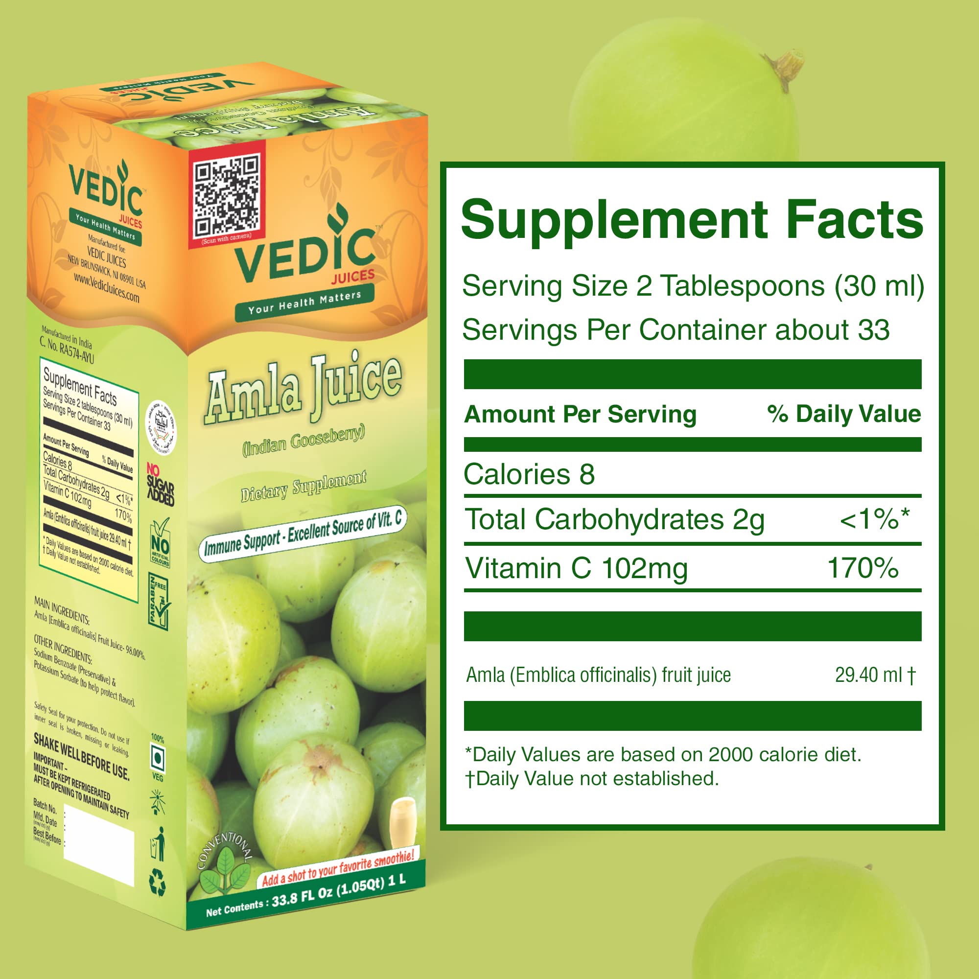 Side view of Vedic Juices Amla Juice 1L bottle