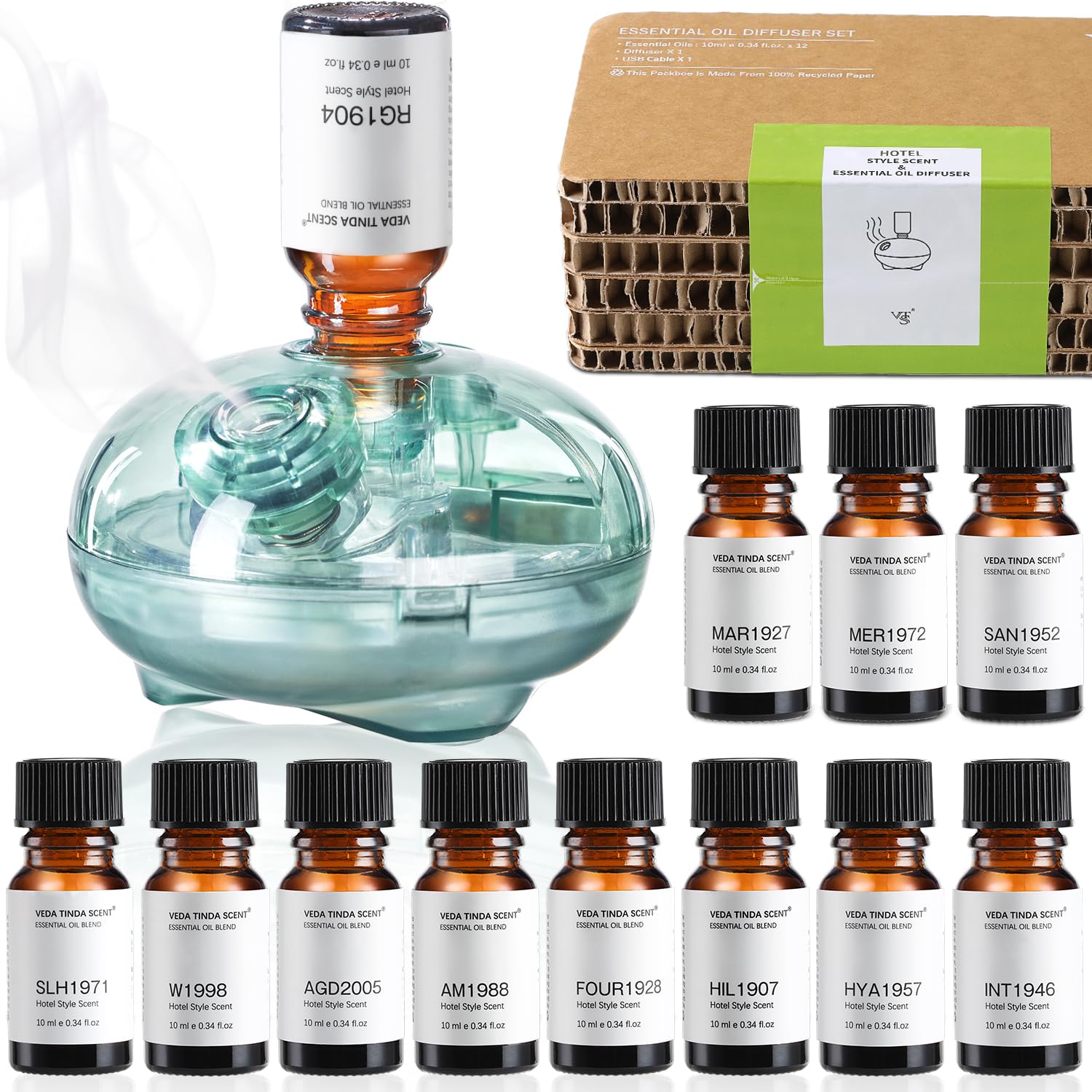 VEDA TINDA SCENT Waterless Diffuser with 12-pack hotel fragrance oils (product shot)