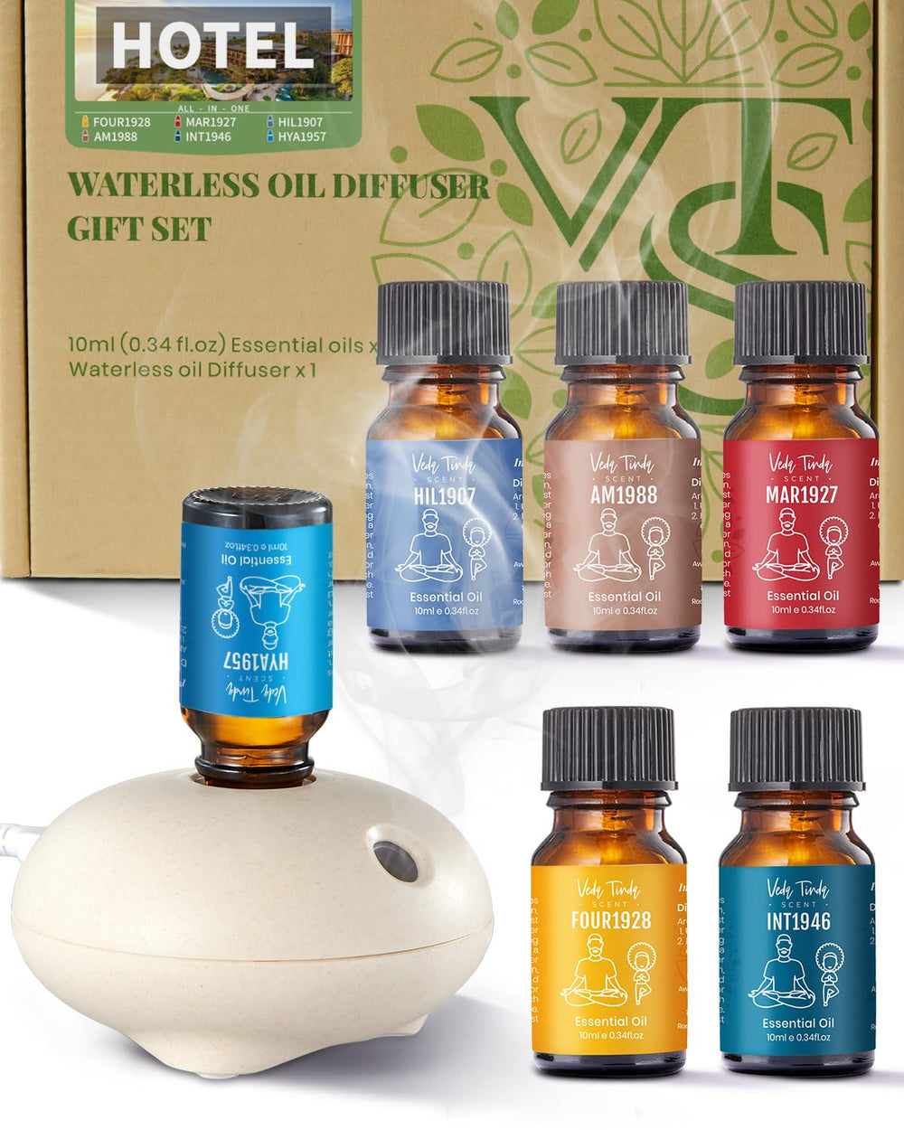 VEDA TINDA SCENT Waterless Diffuser with Hotel Essential Oils – Luxury Fragrance Set