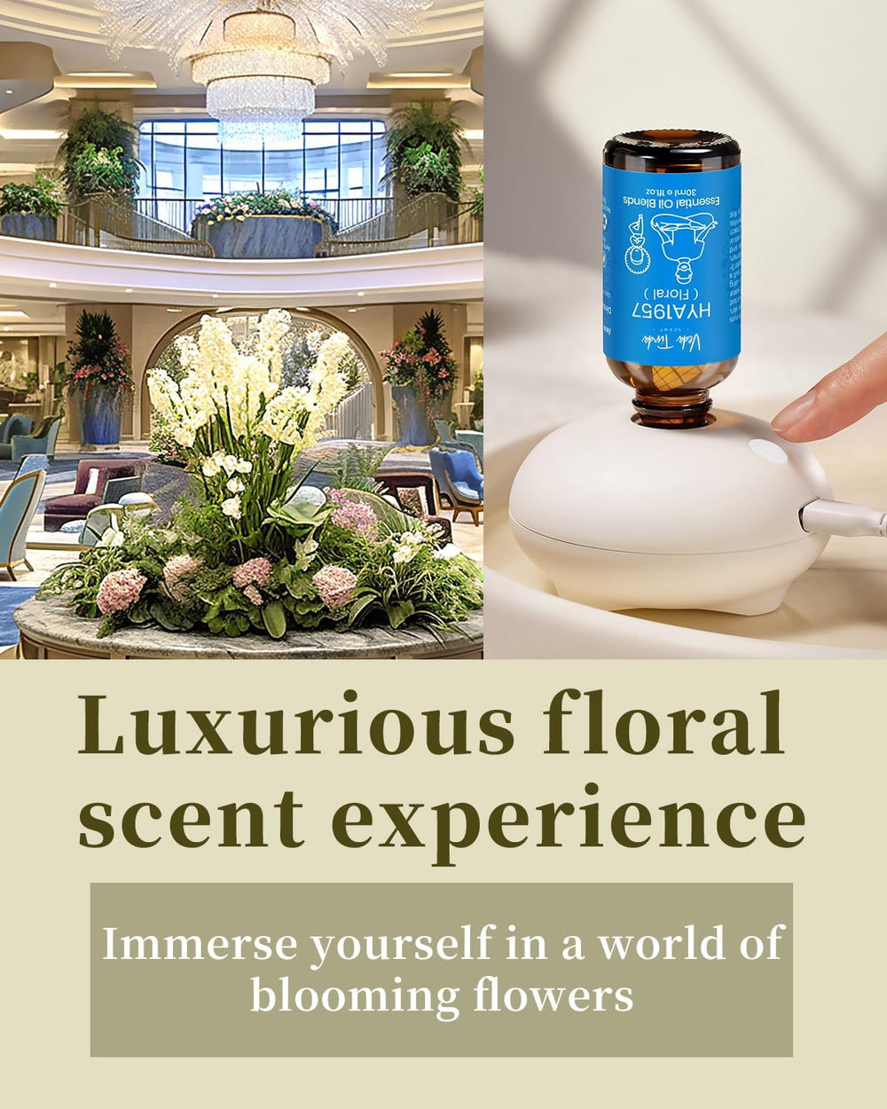 VEDA TINDA SCENT two 30ml diffuser oils close-up highlighting floral hotel scent options
