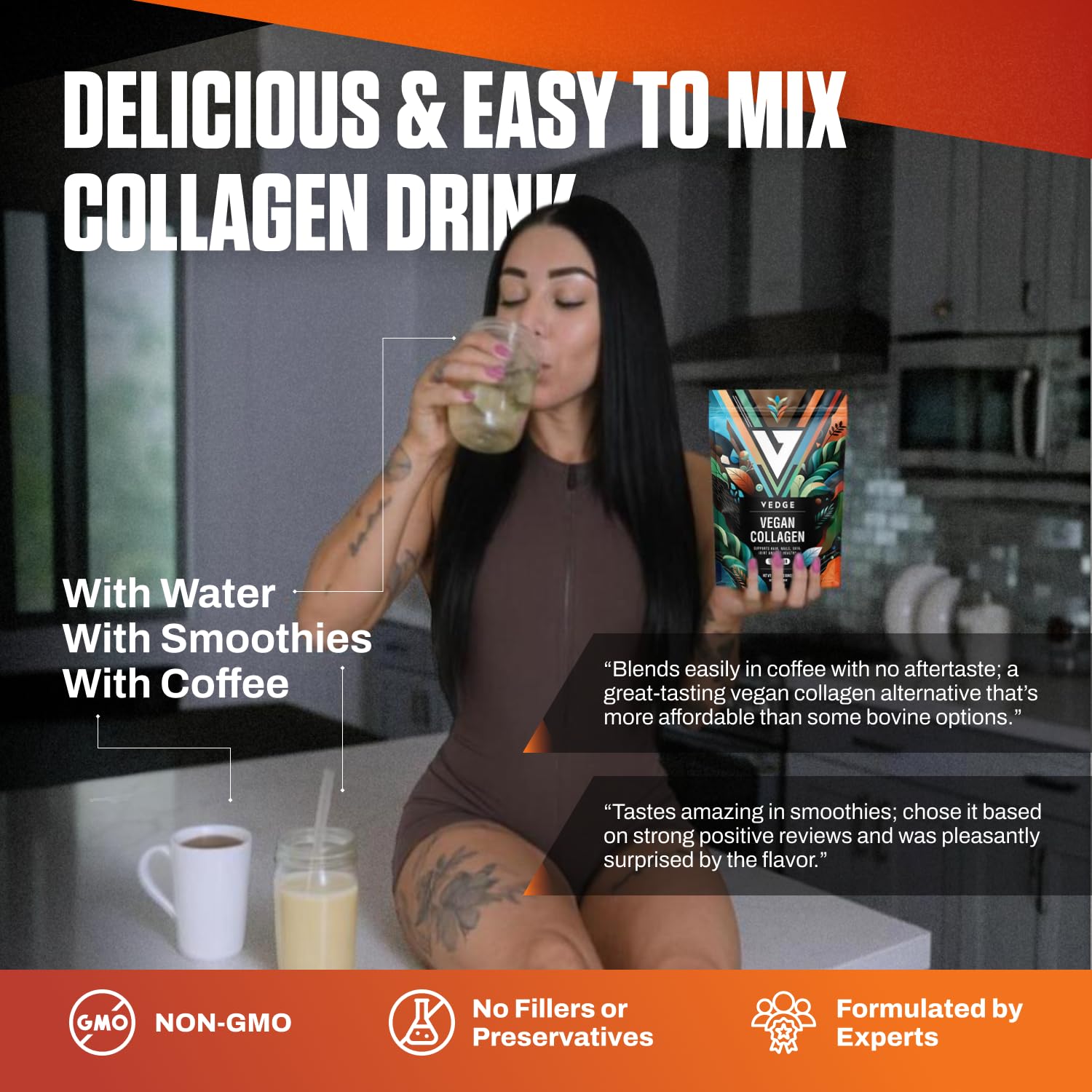 VEDGE vegan collagen powder pouring into liquid, dissolves easily.