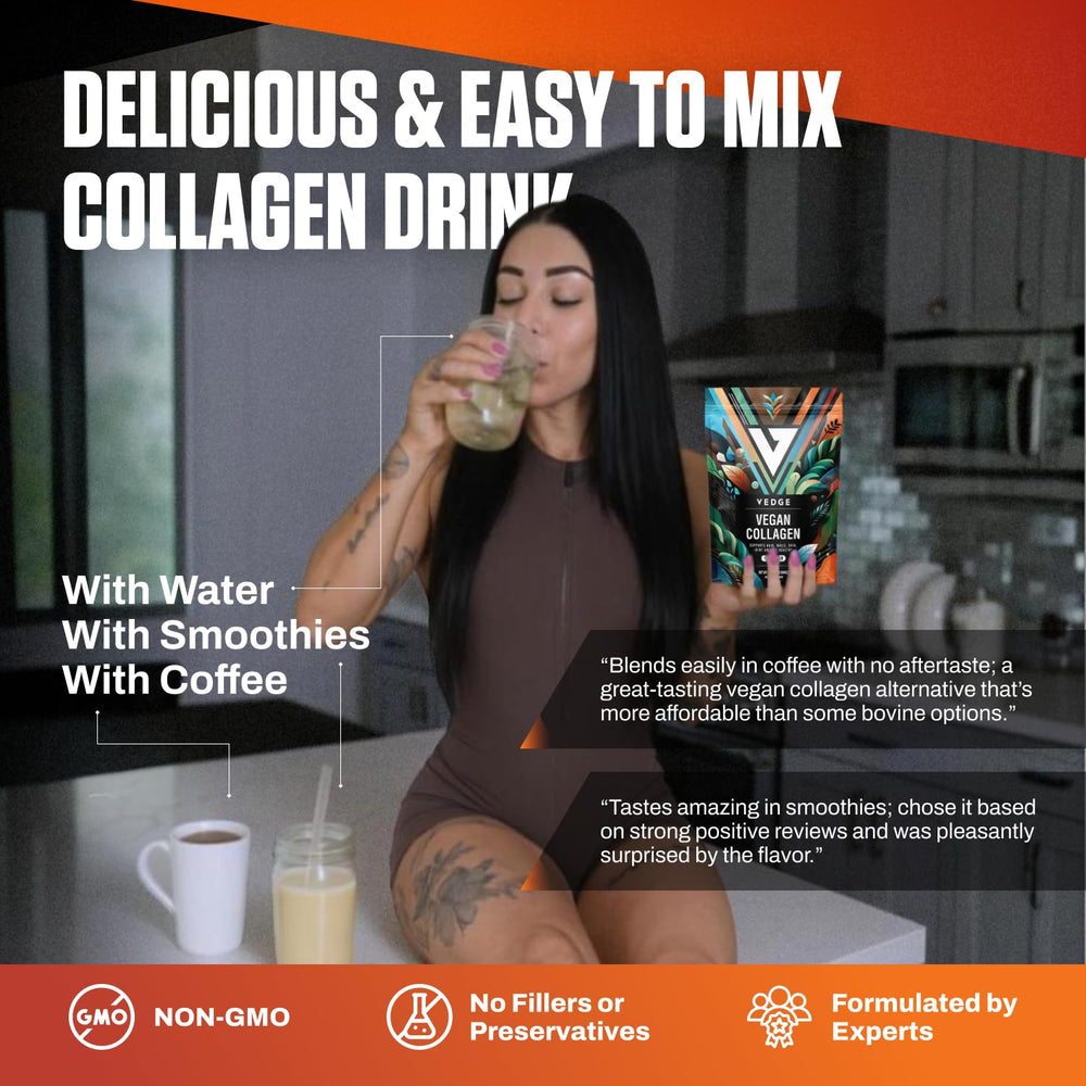 VEDGE vegan collagen powder pouring into liquid, dissolves easily.