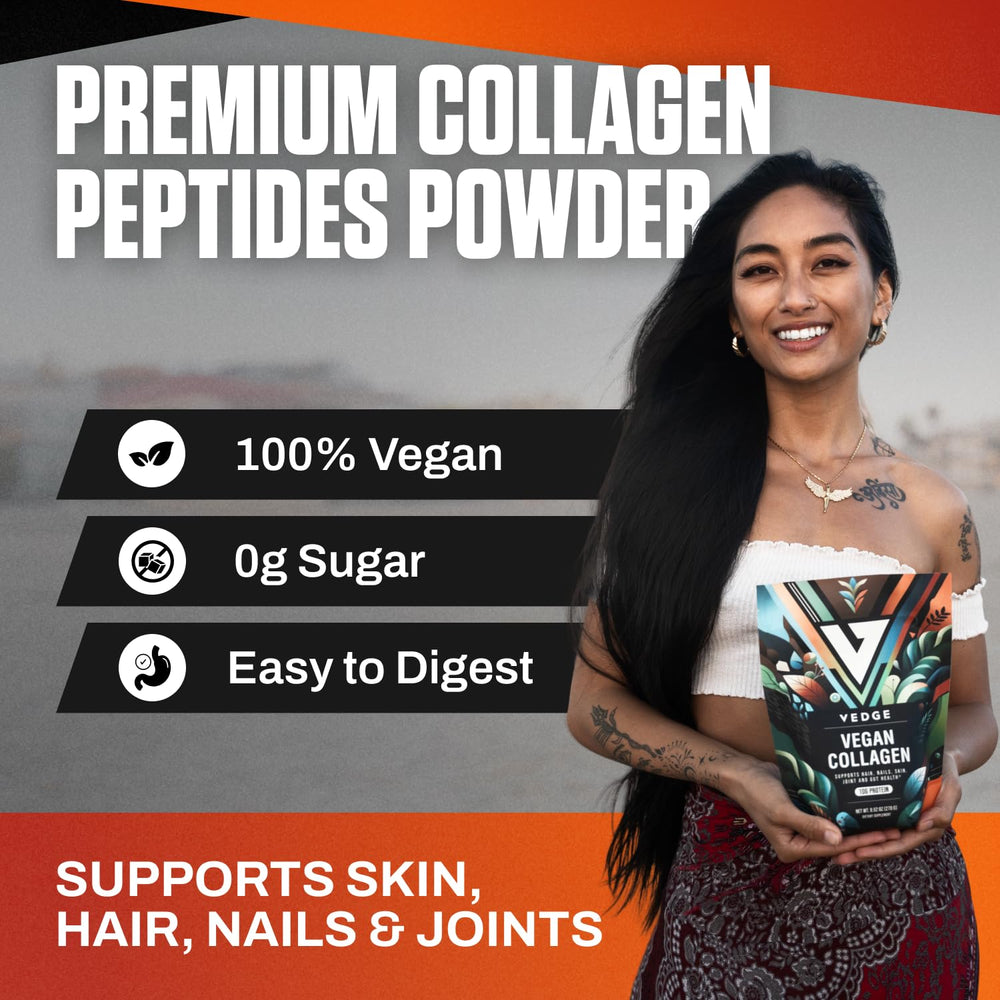 VEDGE vegan collagen powder tub label highlights broccoli and carrot origin.