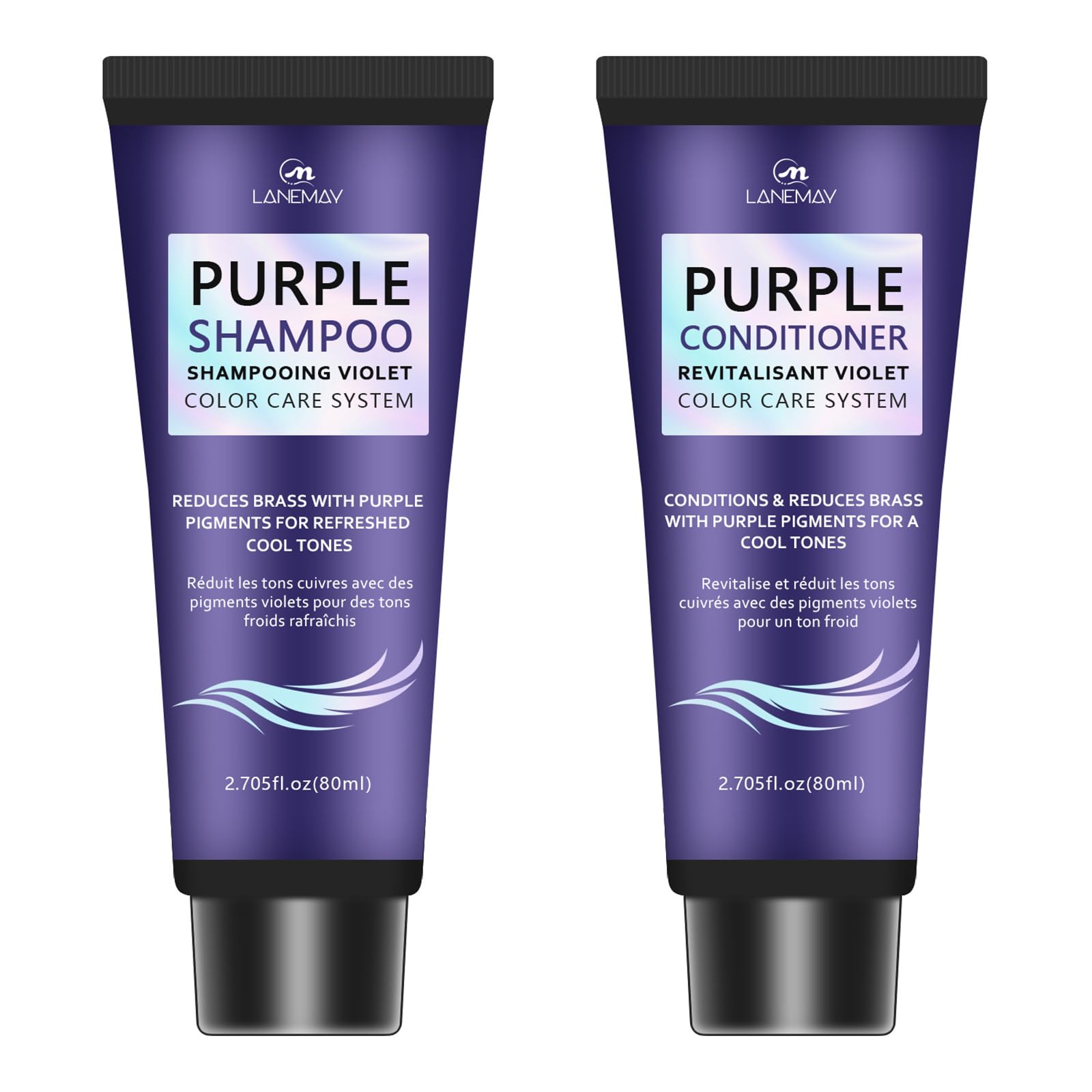 VedoAID purple shampoo bottle showing brassy-tone reduction for cool tones.
