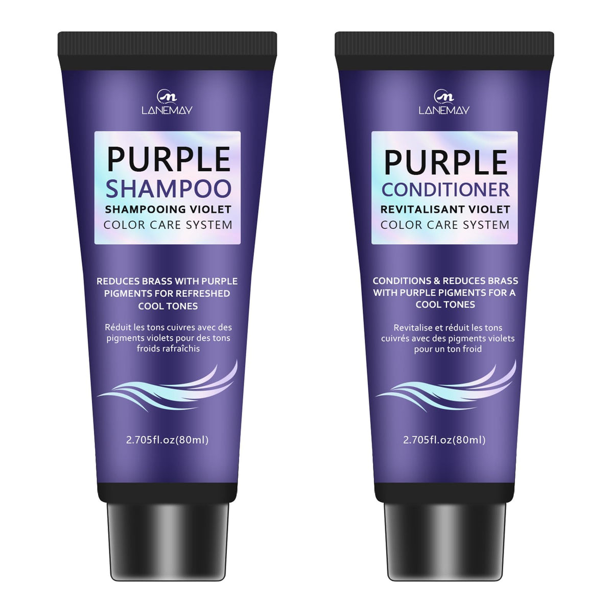 VedoAID purple shampoo bottle showing brassy-tone reduction for cool tones.