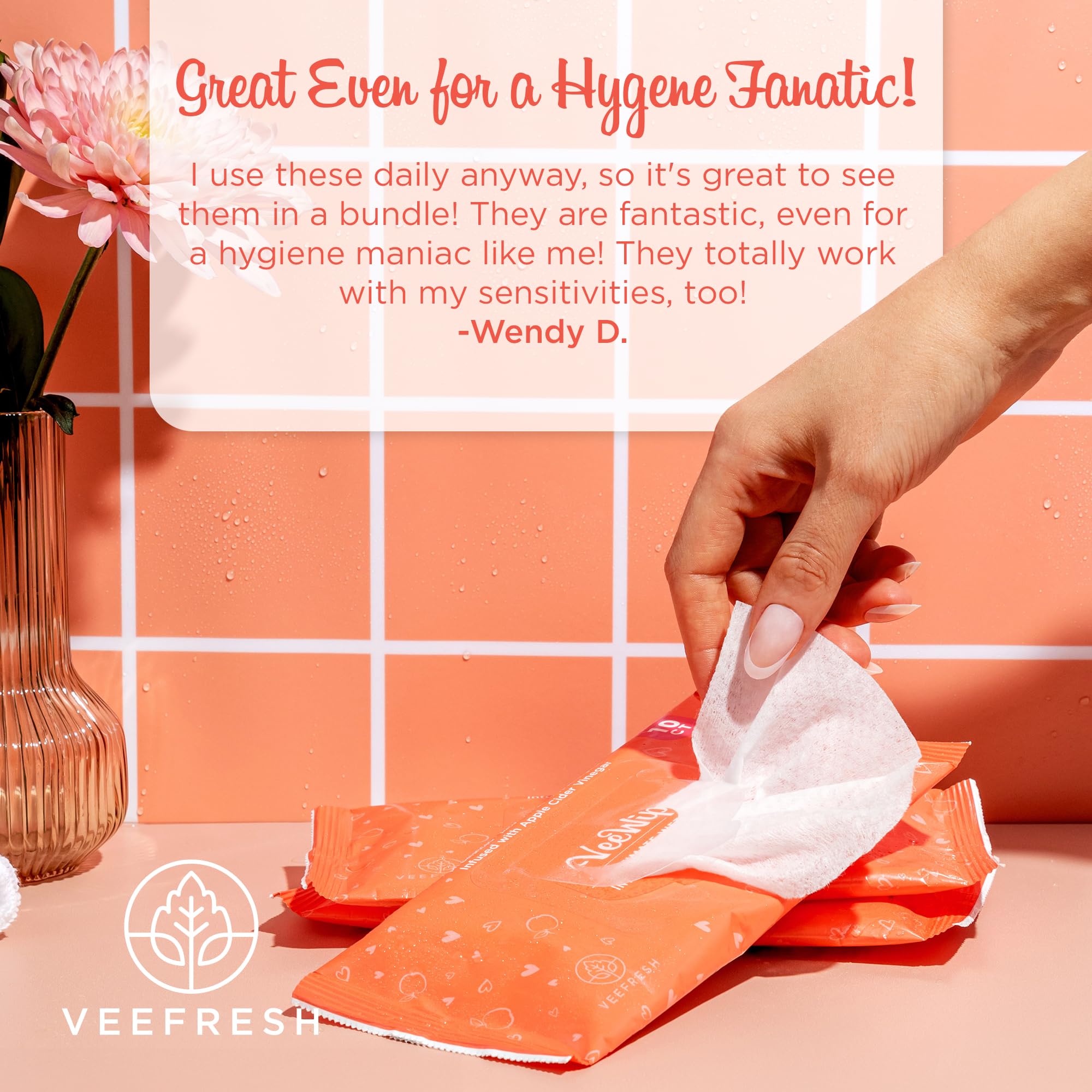 VeeFresh ACV ingredients scene highlights natural cleansing components for gentle Vee care.