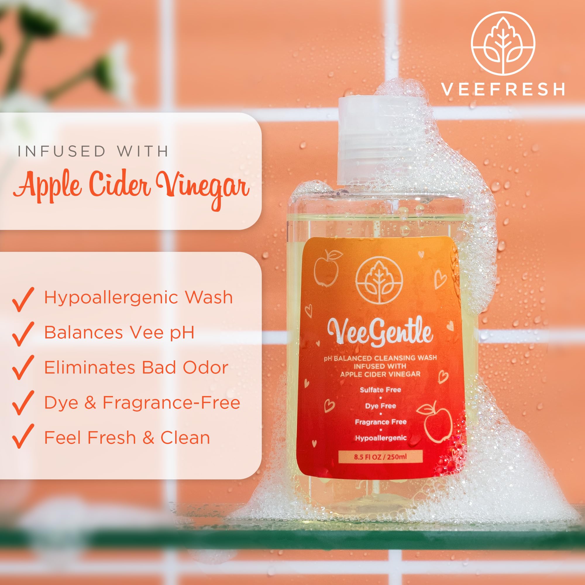 Close-up of VeeFresh hypoallergenic formula demonstrates gentle cleansing for irritation-prone skin.