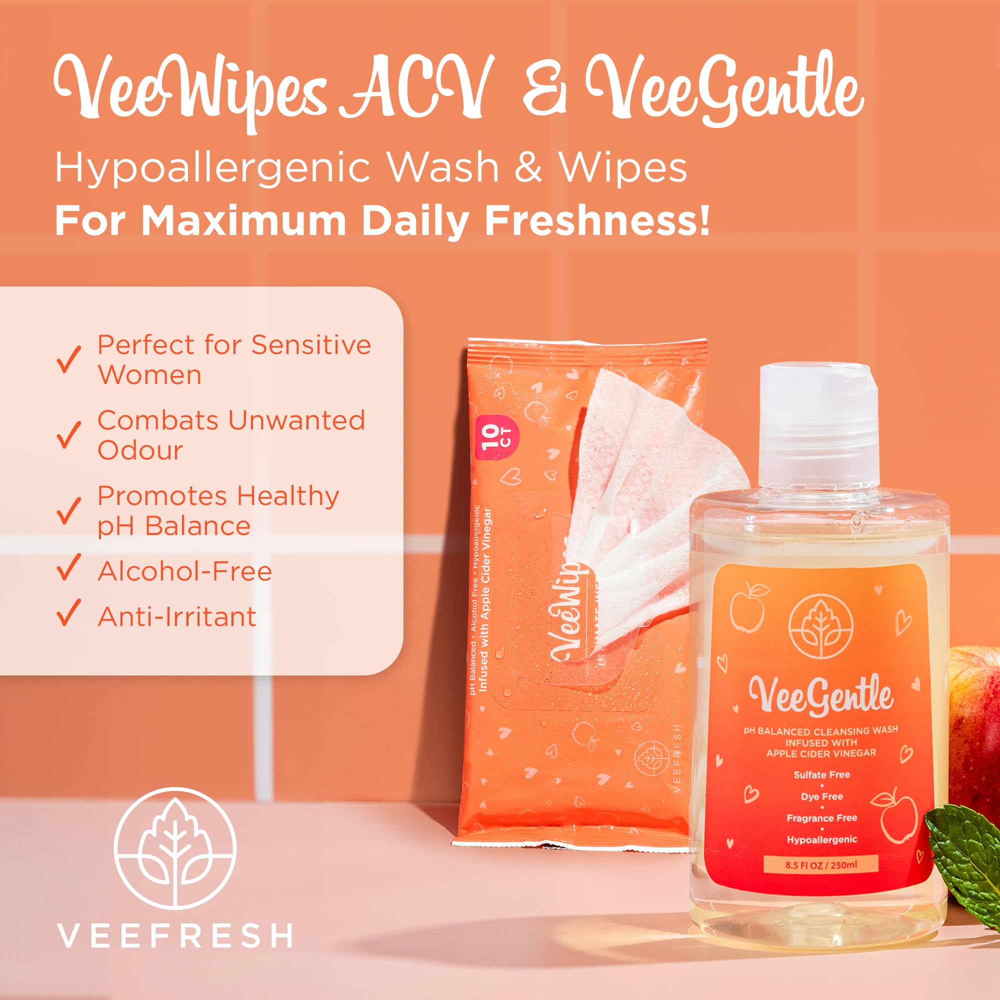VeeFresh VeeGentle wash bottle highlights gentle, hypoallergenic formula for sensitive Vee care.