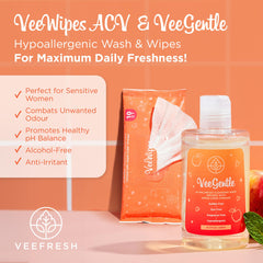 VeeFresh VeeGentle wash bottle highlights gentle, hypoallergenic formula for sensitive Vee care.