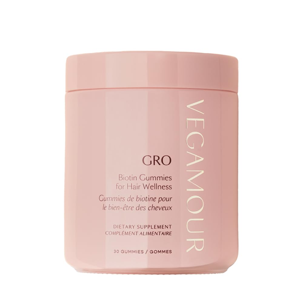 Front view of VEGAMOUR GRO Biotin Gummies bottle with Strawberry flavor