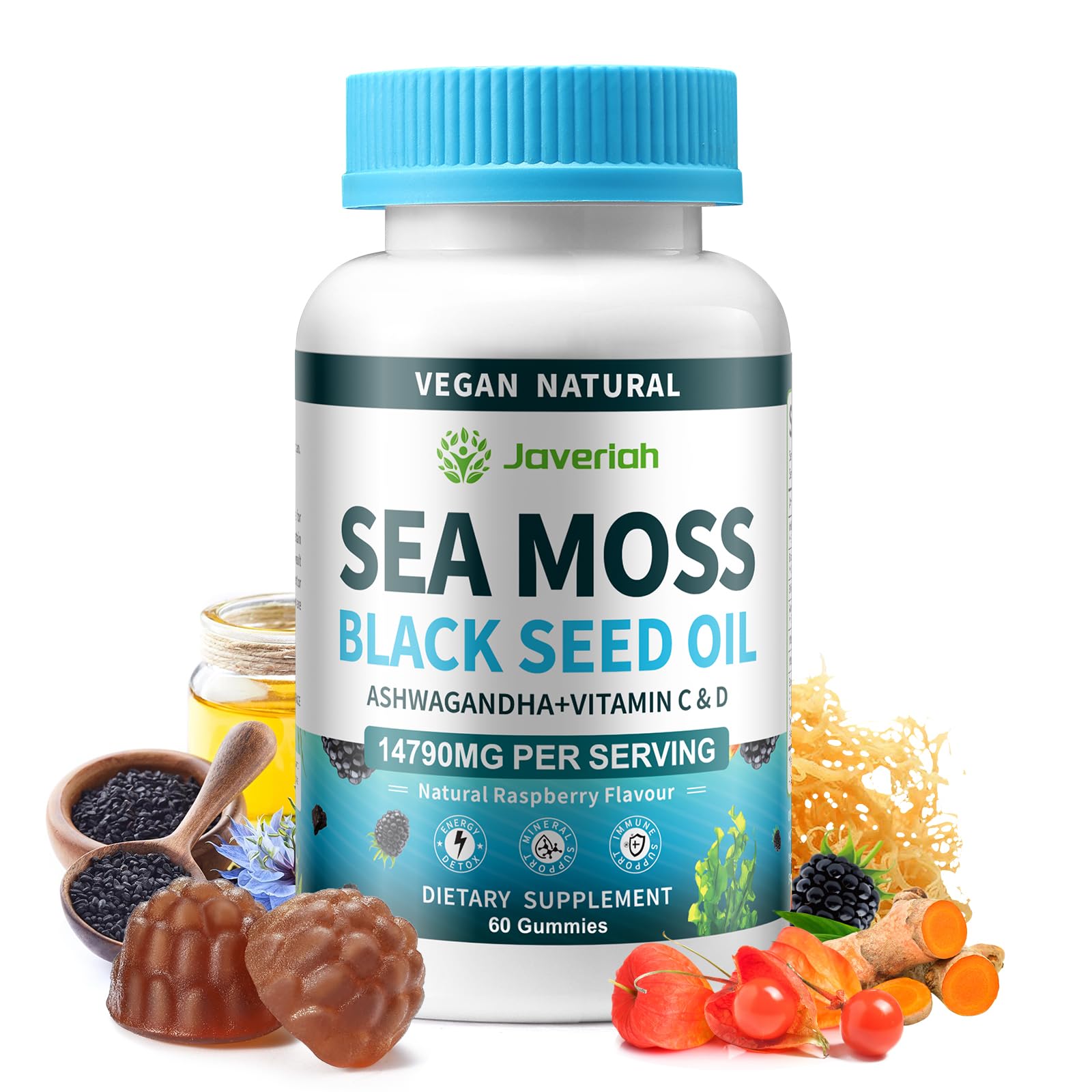 Bottle of Vegan Ashwagandha Sea Moss Gummies 60-count packaging