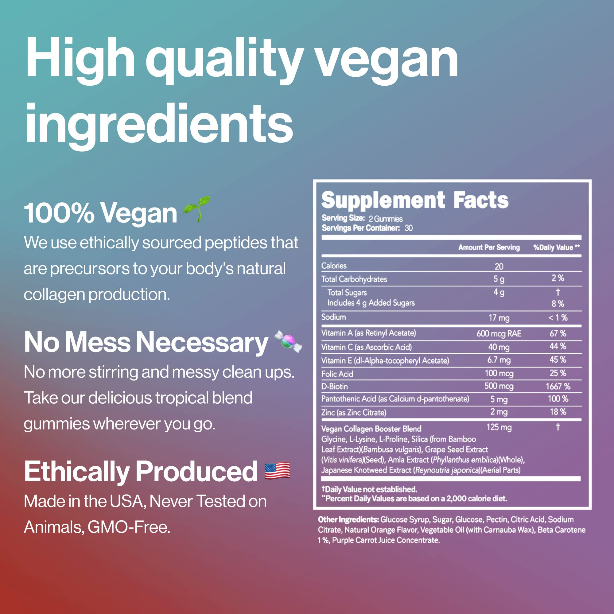 Label showing plant-based, gluten-free, vegan formula with natural ingredients