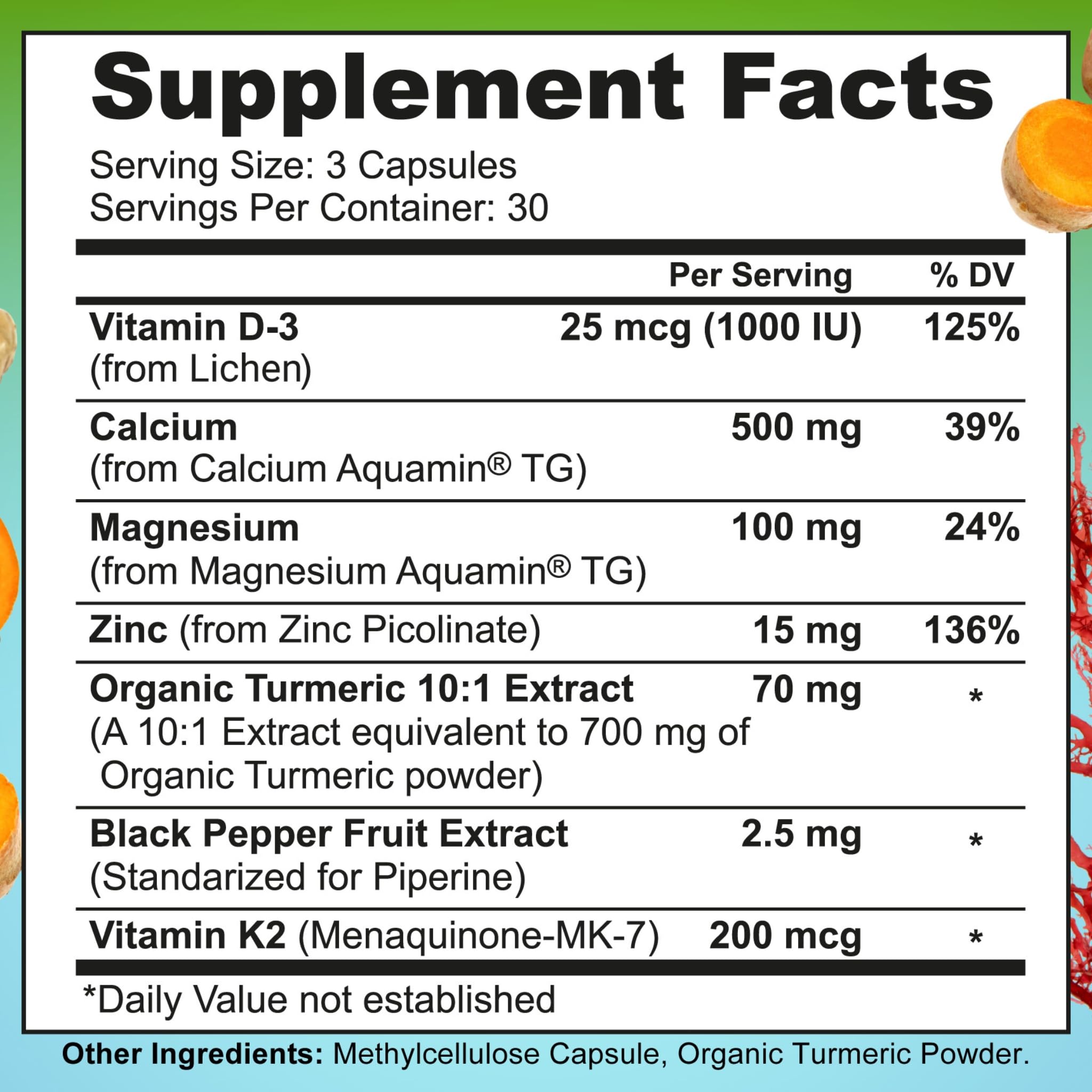 Vegan calcium magnesium zinc with D3, K2 and turmeric