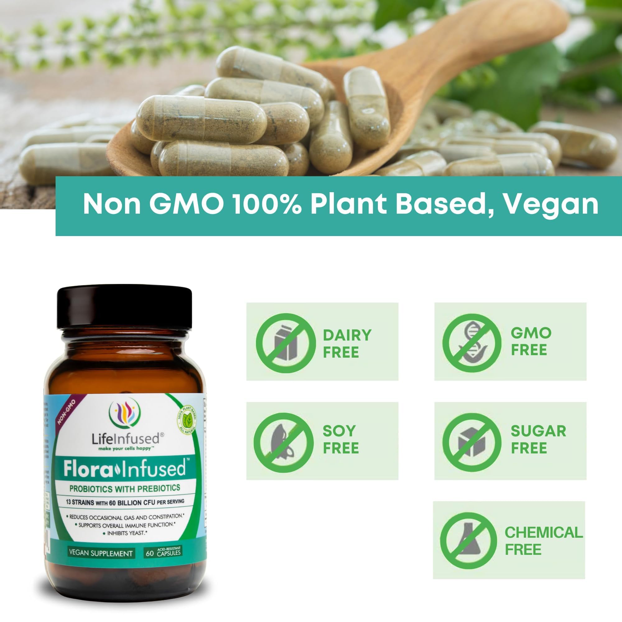 Vegan 60 capsules Life Infused Flora Infused Probiotics