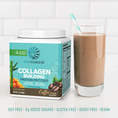 Glass of coffee beside vegan collagen powder