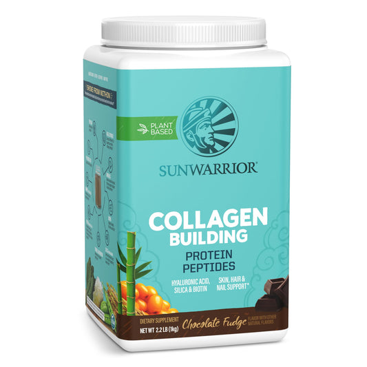 Sunwarrior vegan collagen protein powder for women in chocolate flavor packaging