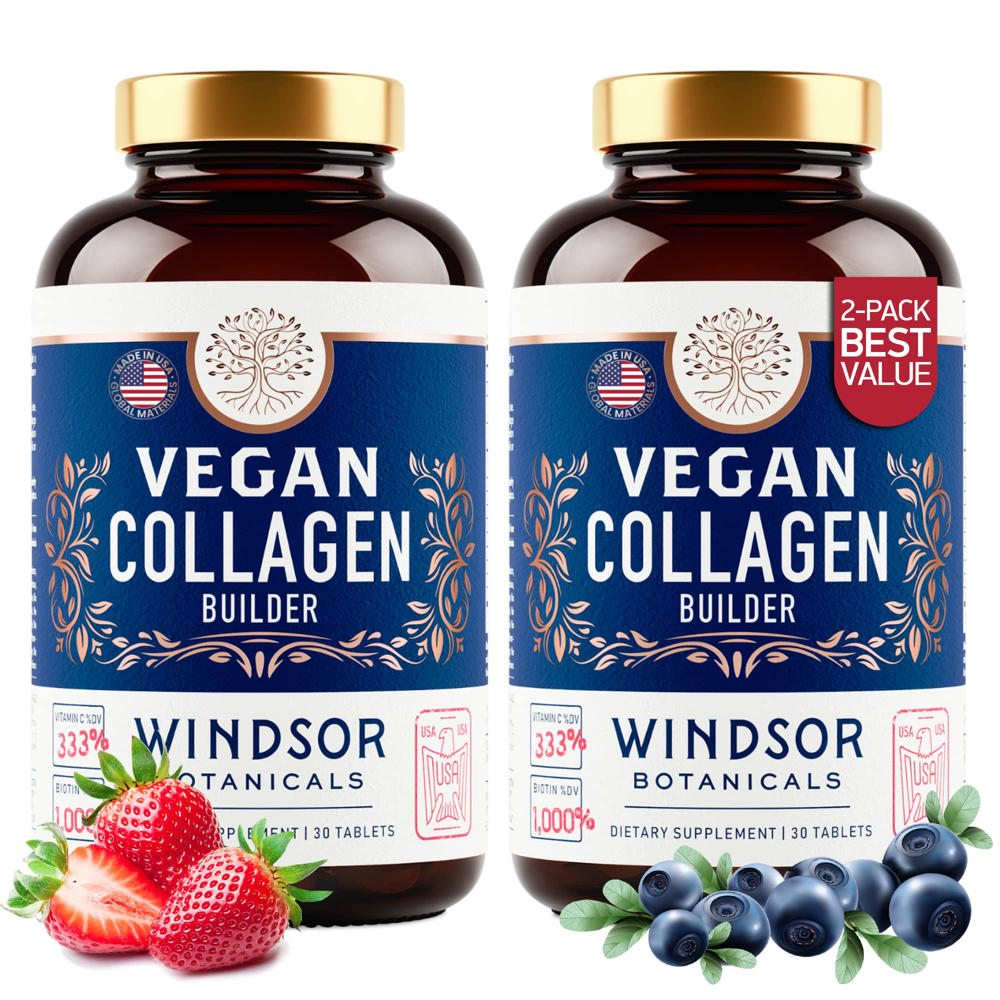Vegan collagen supplement for both women and men in gluten-free 60-pill bottle.