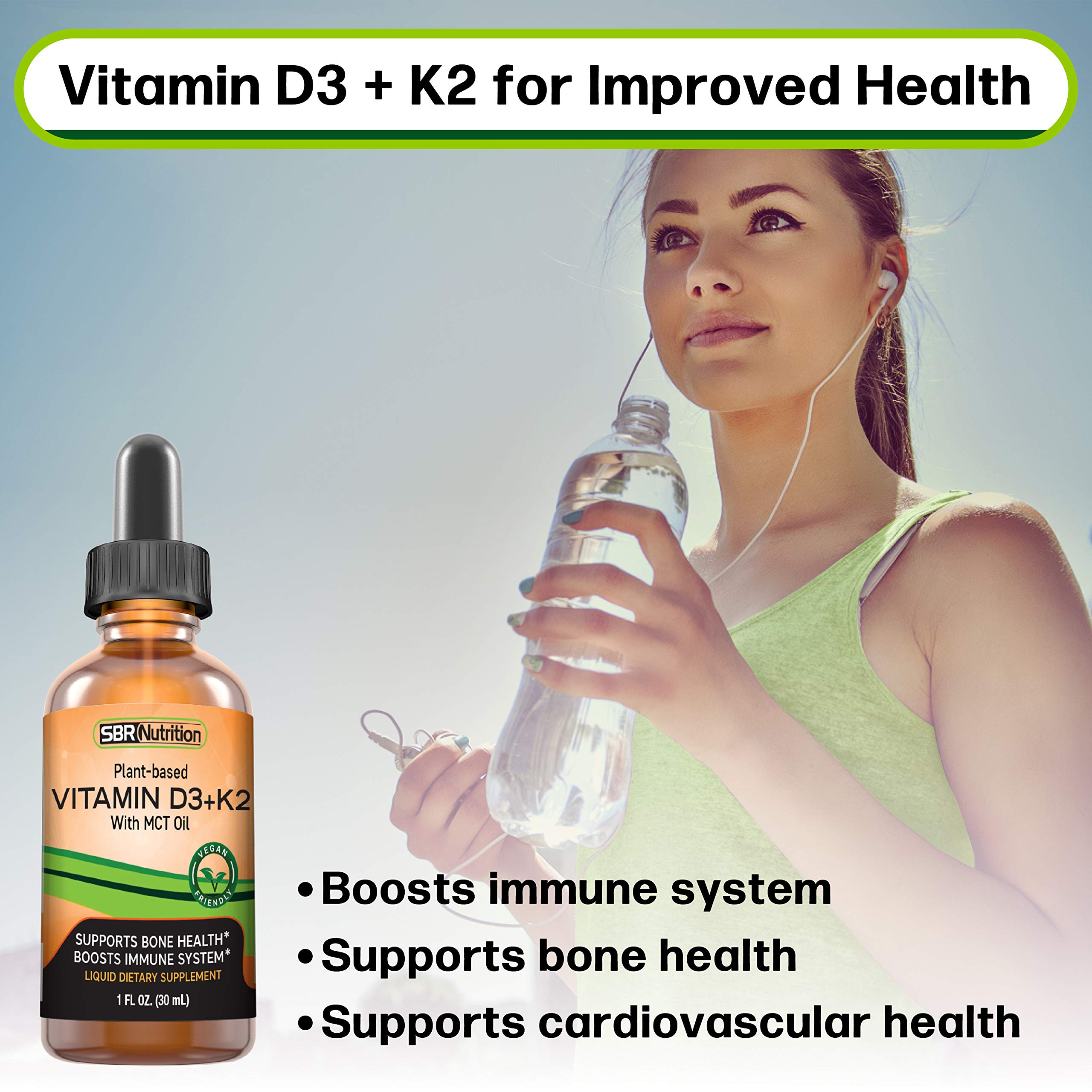 Bottle of vegan D3 + K2 drops on white background