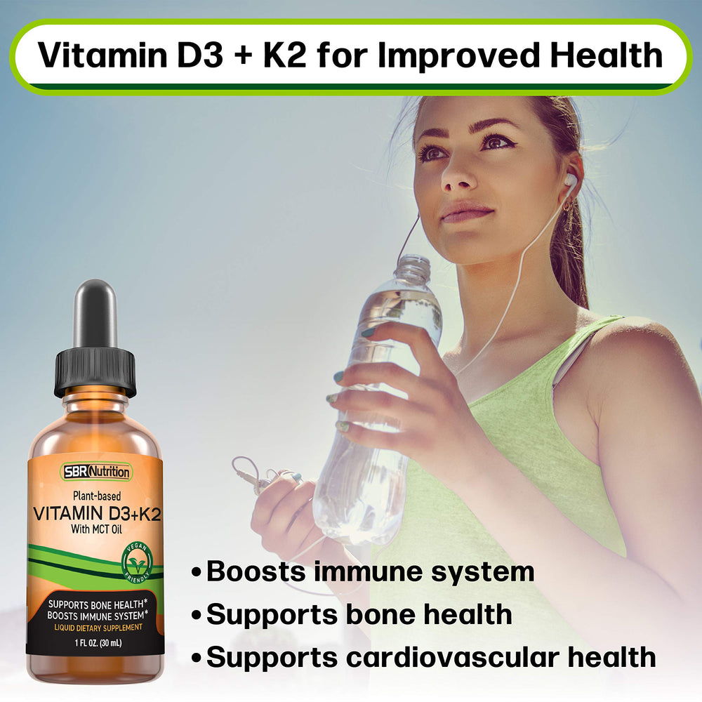 Bottle of vegan D3 + K2 drops on white background