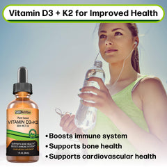 Bottle of vegan D3 + K2 drops on white background